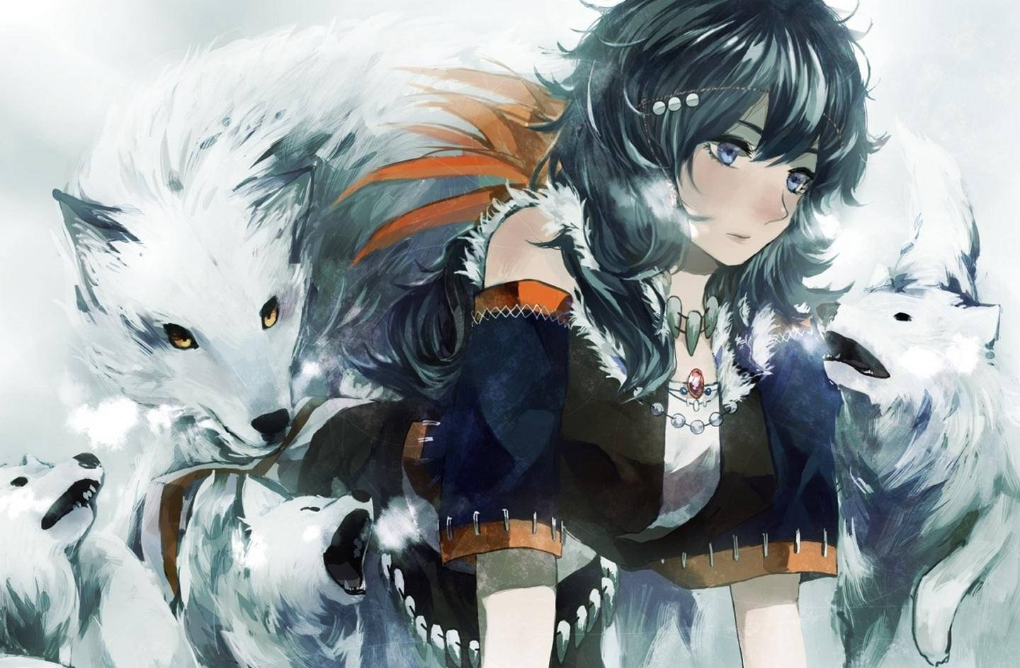 Wolf Girl Anime, white wolves, dark hair, HD Desktop Wallpaper