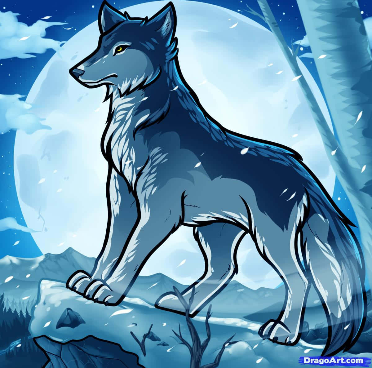 Anime wolf, snowy cliff, massive glowing moon, SD Desktop Wallpaper