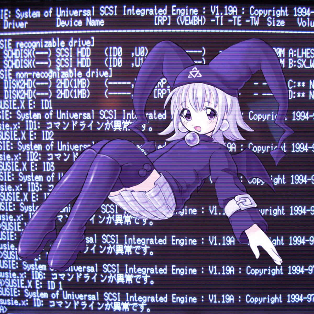 purple-haired anime girl, jester hat, glowing computer screen, SD Desktop Wallpaper