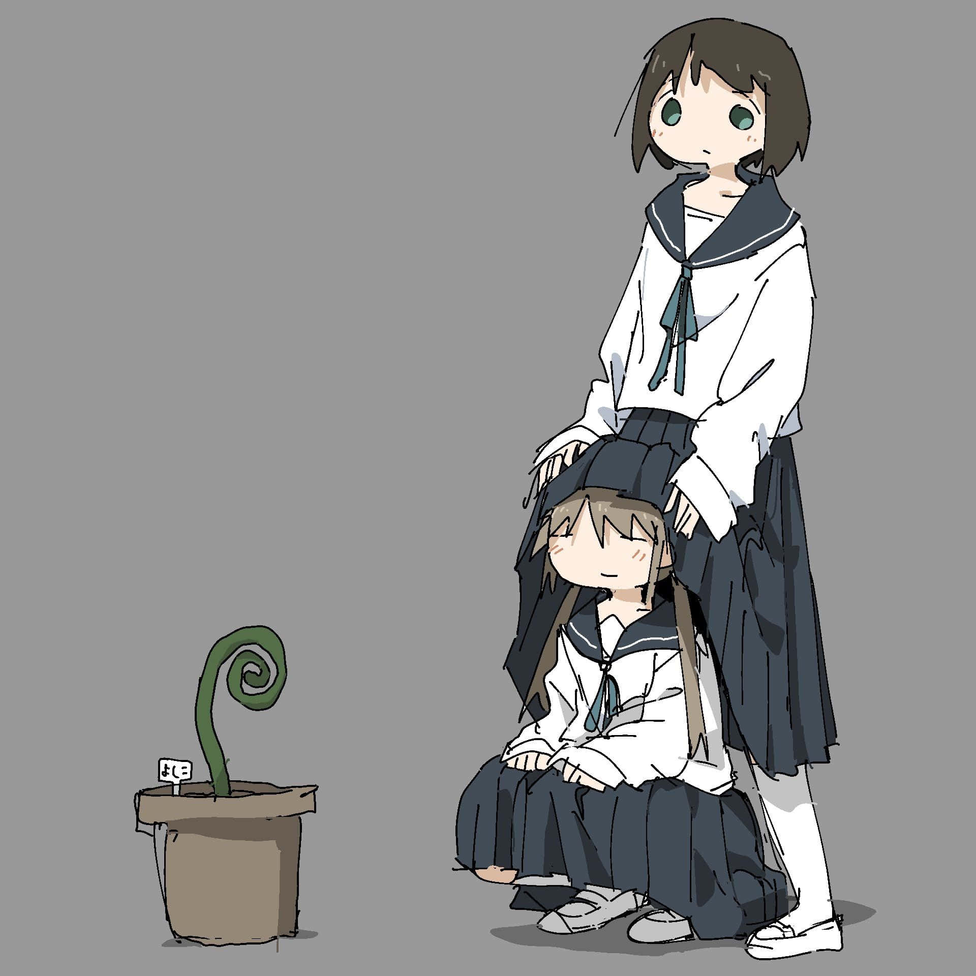 anime girls, sailor uniforms, potted plant, Full HD Desktop Wallpaper
