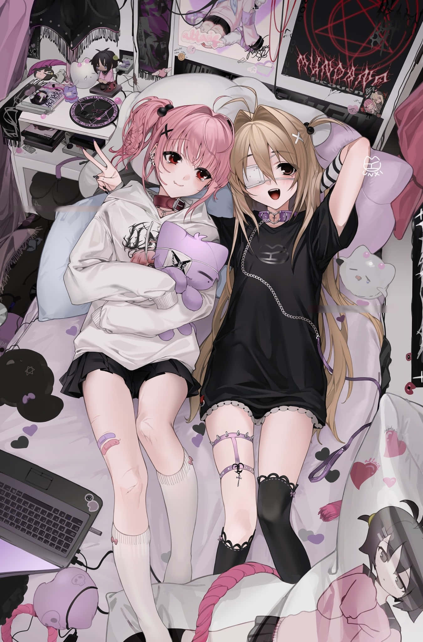 Animecore, anime girls, purple-themed room, Full HD Phone Wallpaper