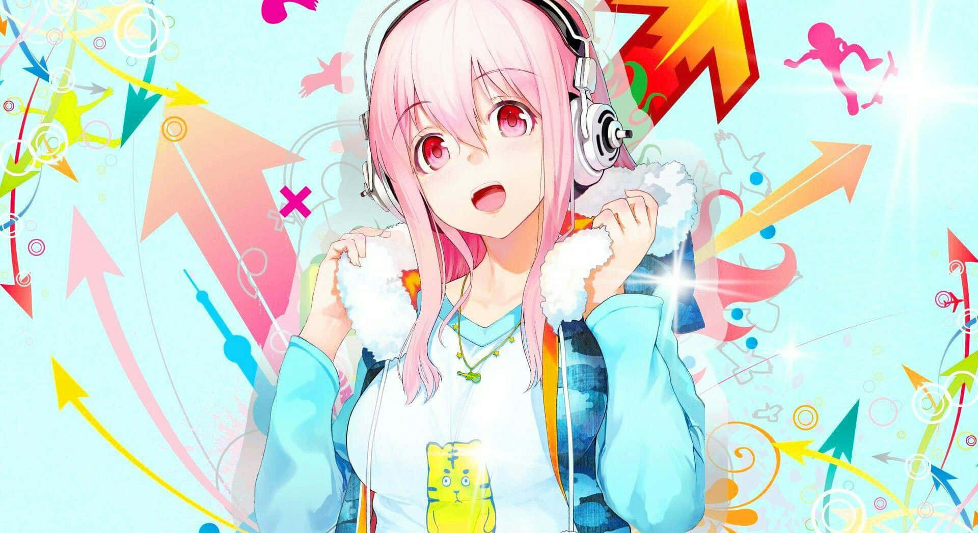 animecore, pink hair, headphones, Full HD Desktop Wallpaper