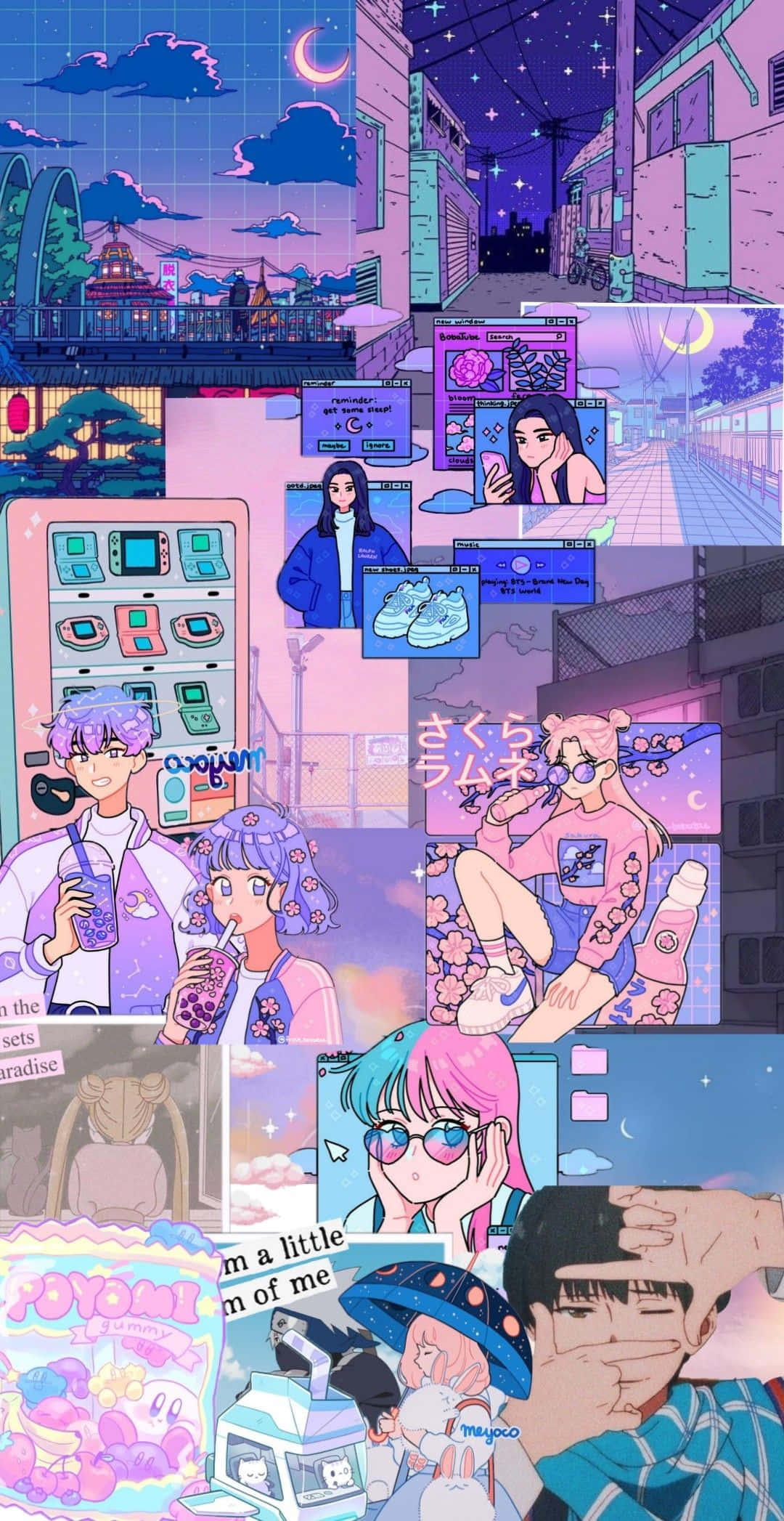 animecore, neon-drenched urban alley, starry purple sky, Full HD Phone Wallpaper