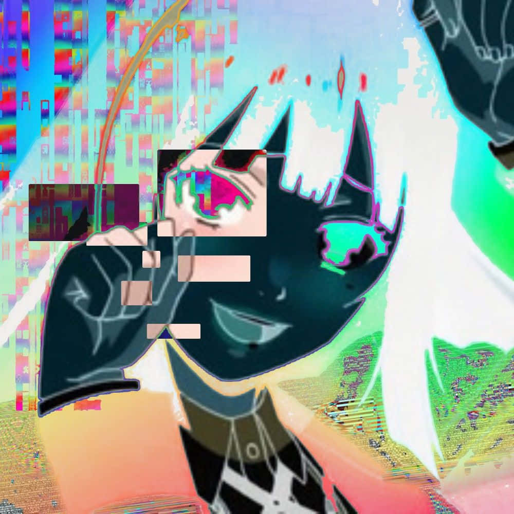 glitch-art anime character, glowing eyes, sharp horns, SD Desktop Wallpaper