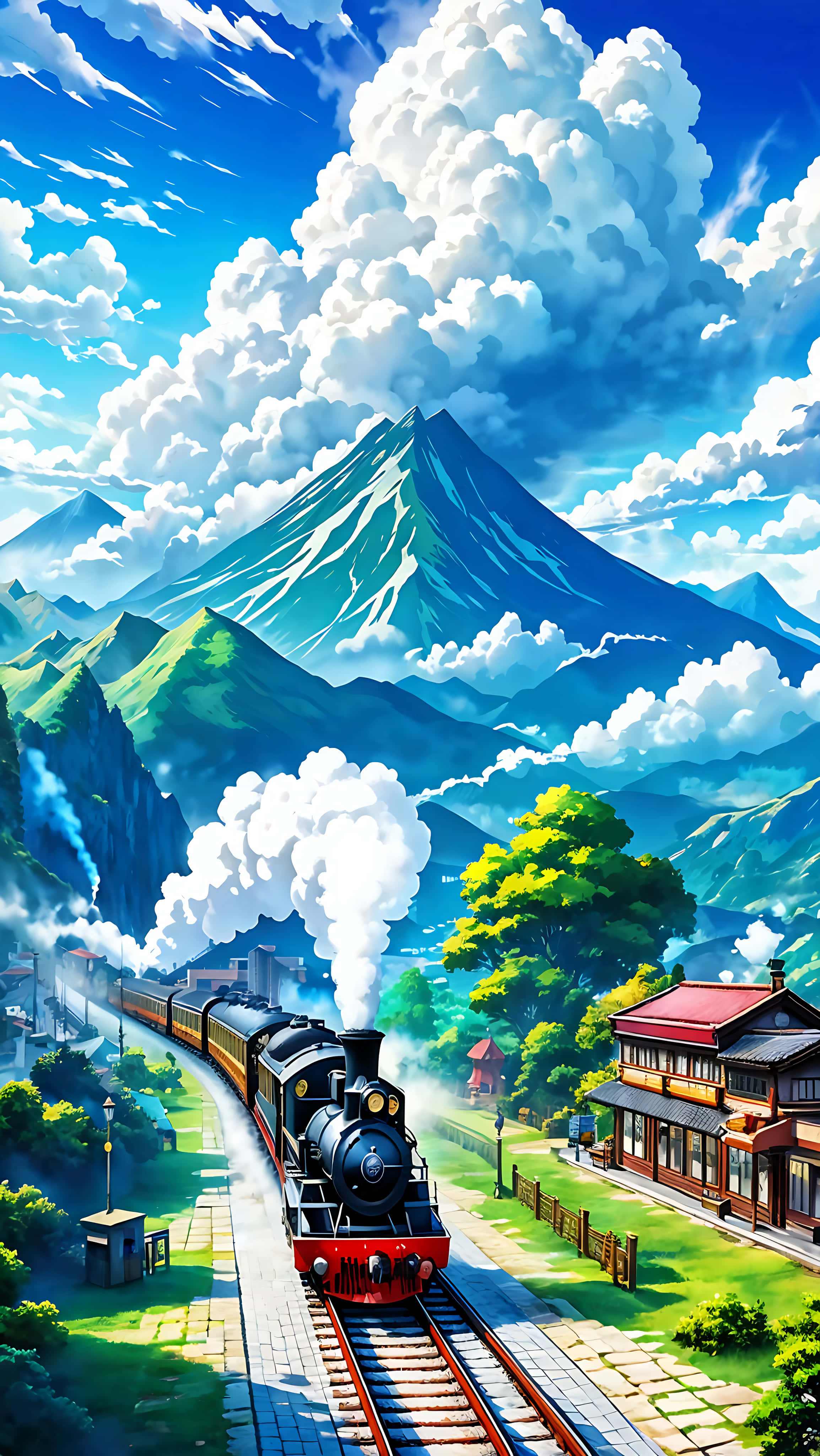 anime train, vibrant valley, lush green mountains, 4K Phone Wallpaper