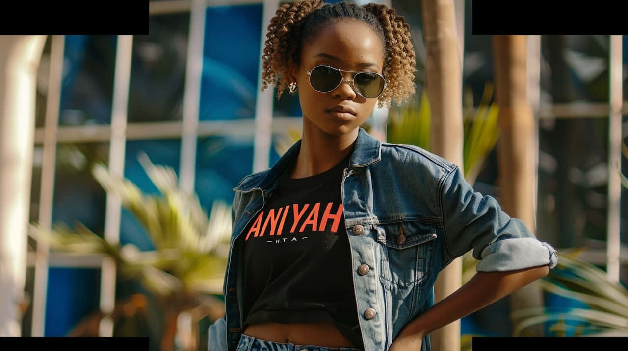 Aniyah, denim jacket, modern glass building, HD Desktop Wallpaper