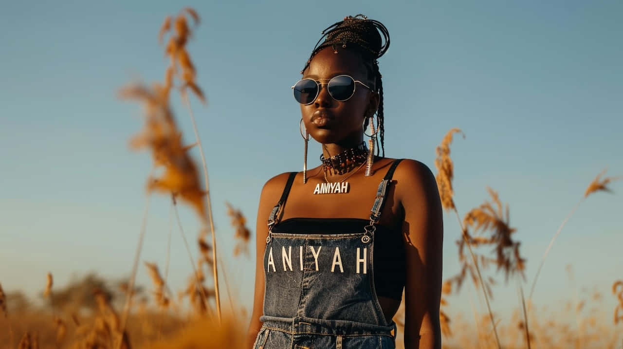 Aniyah, denim overalls, golden reed field, HD Desktop Wallpaper