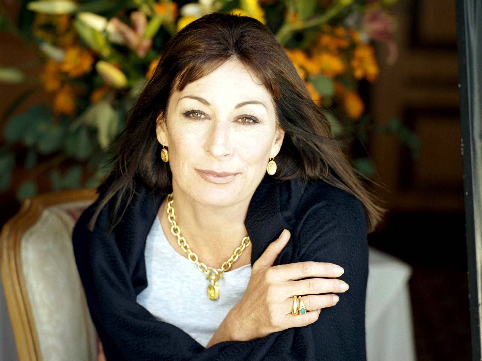 Anjelica Huston, dark hair, gold jewelry, HD Desktop Wallpaper