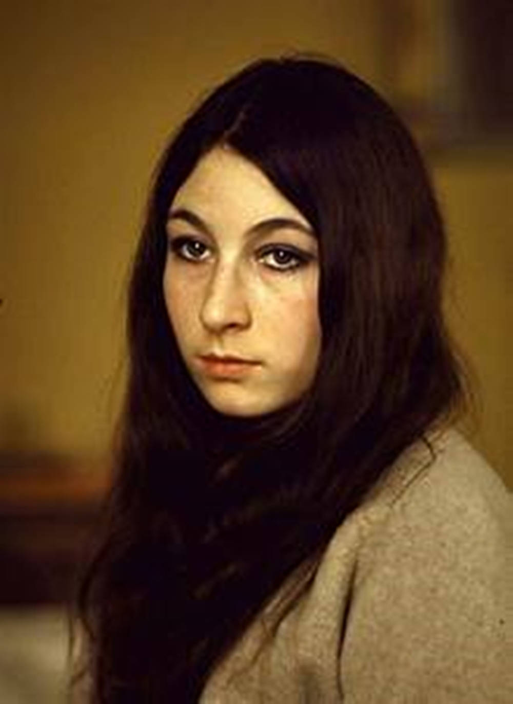 Anjelica Huston, vintage colorized portrait photograph, long dark hair, HD Phone Wallpaper