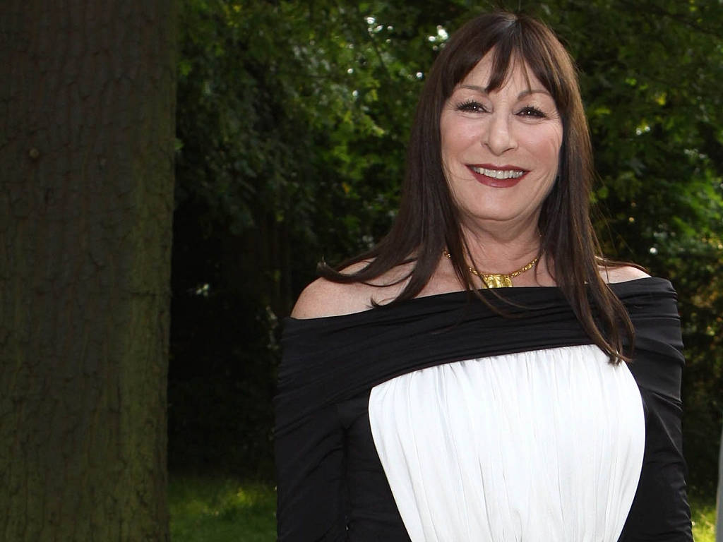 Anjelica Huston, black and white off-shoulder dress, long brown hair, SD Desktop Wallpaper