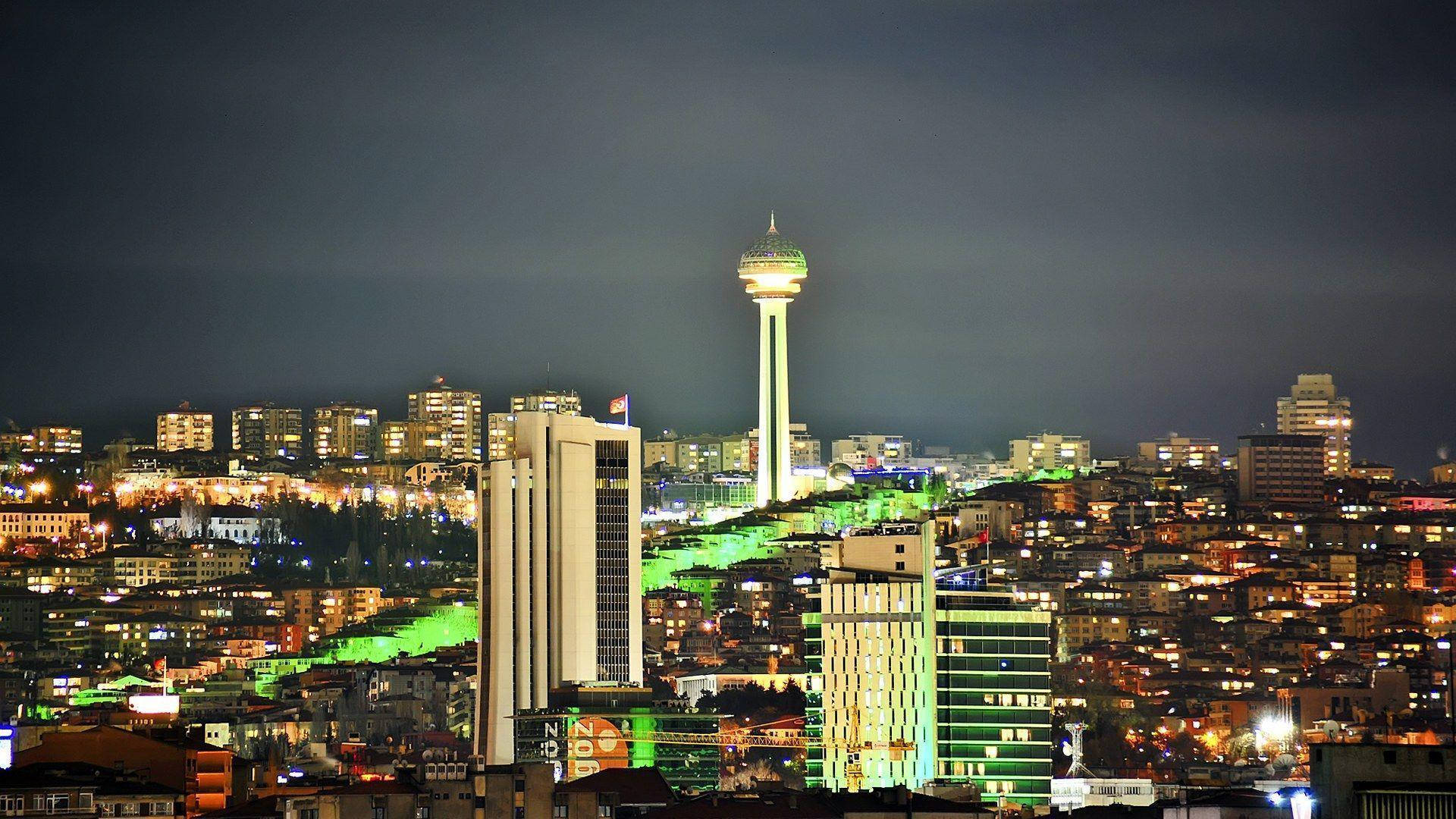 Ankara, city night view, glowing green tower, Full HD Desktop Wallpaper