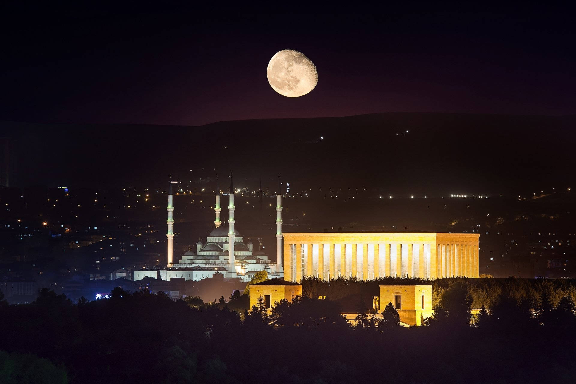 Ankara, Full Moon, mosque, Full HD Desktop Wallpaper