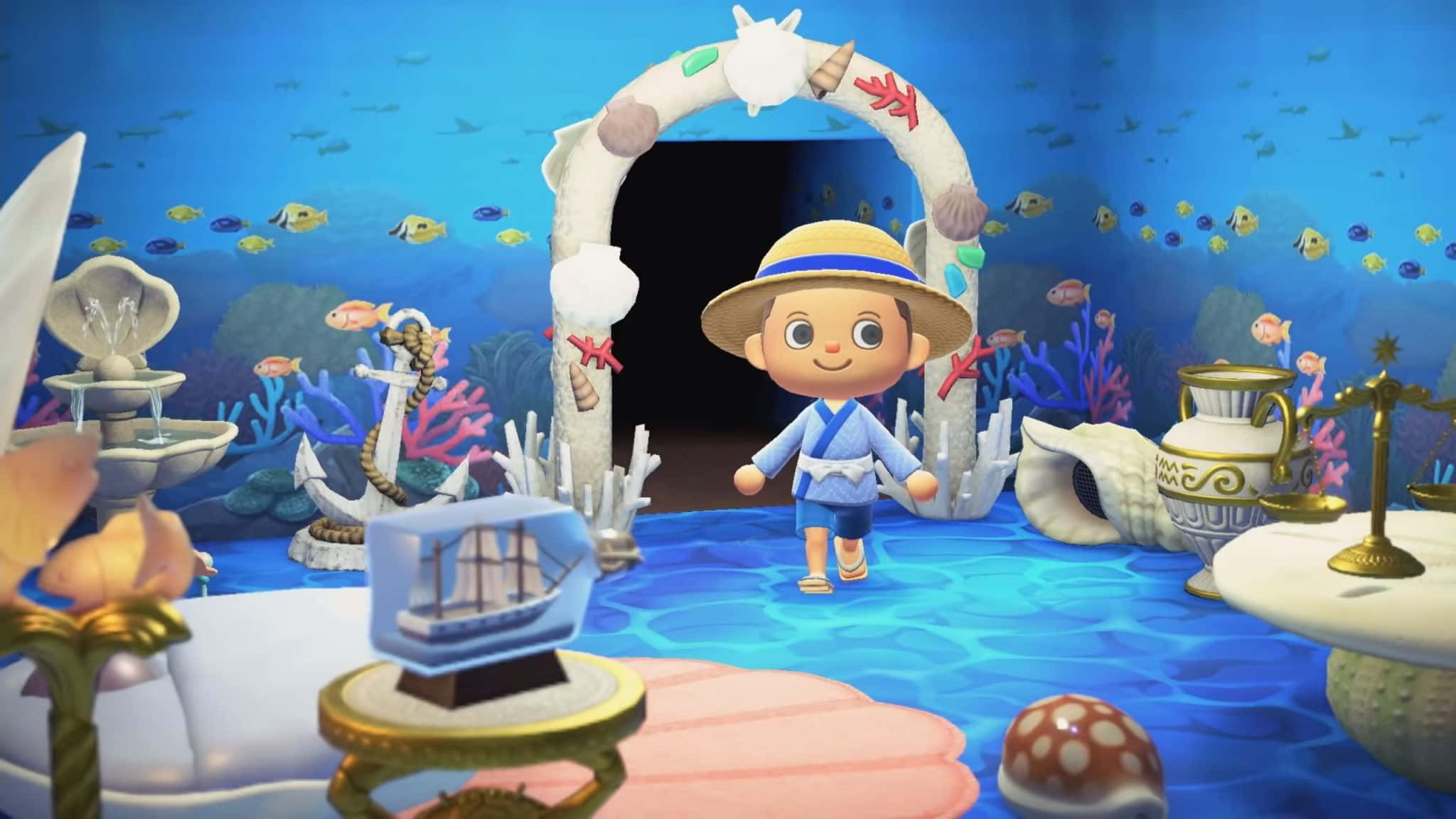 Animal Crossing, straw hat, underwater room, Full HD Desktop Wallpaper
