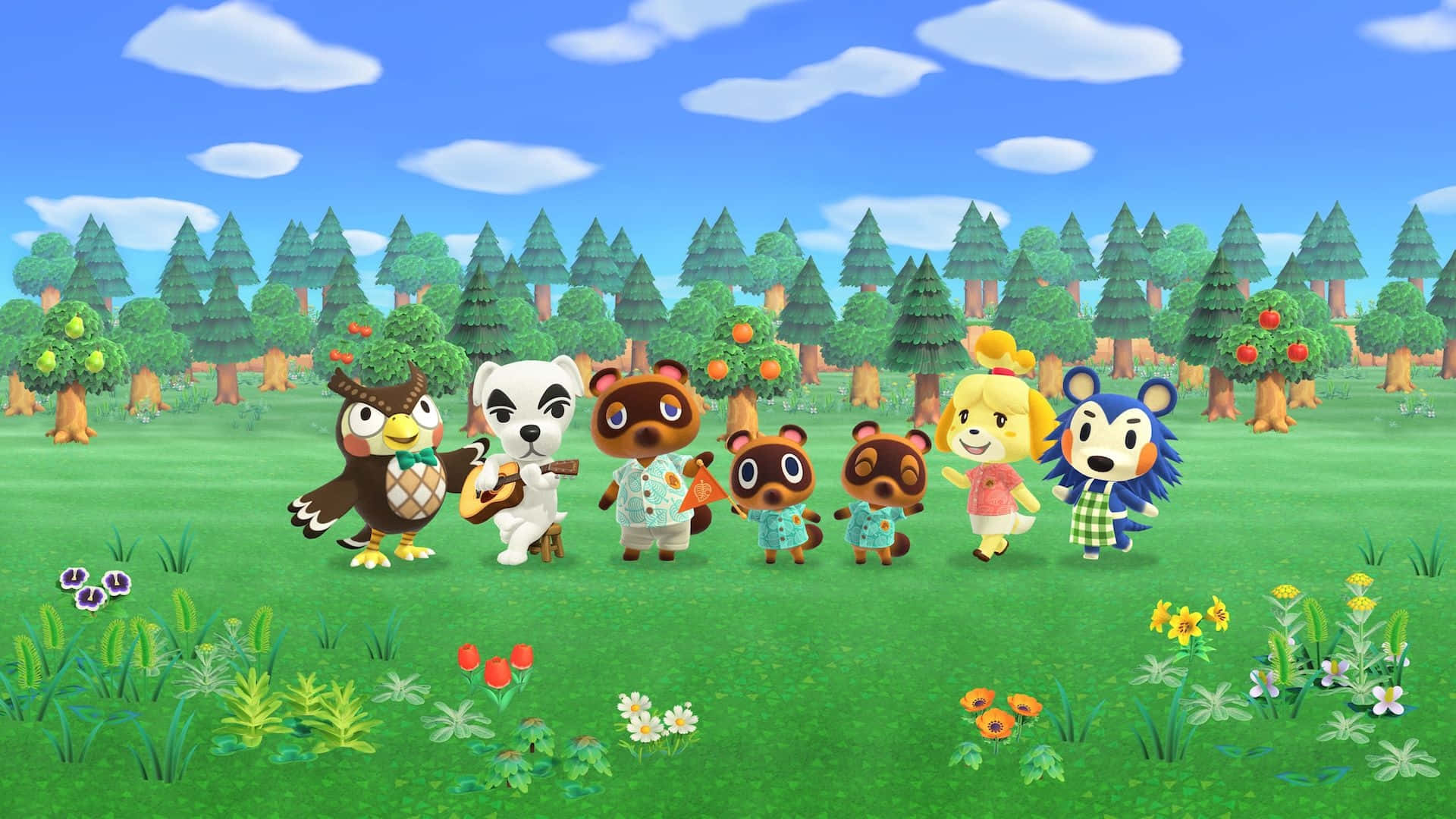 Animal Crossing, sunny grassy field, apple trees, Full HD Desktop Wallpaper