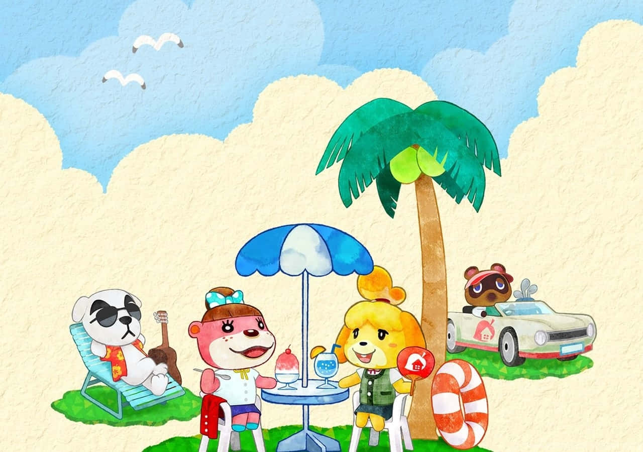 Animal Crossing, beachside gathering, palm tree umbrella, HD Desktop Wallpaper