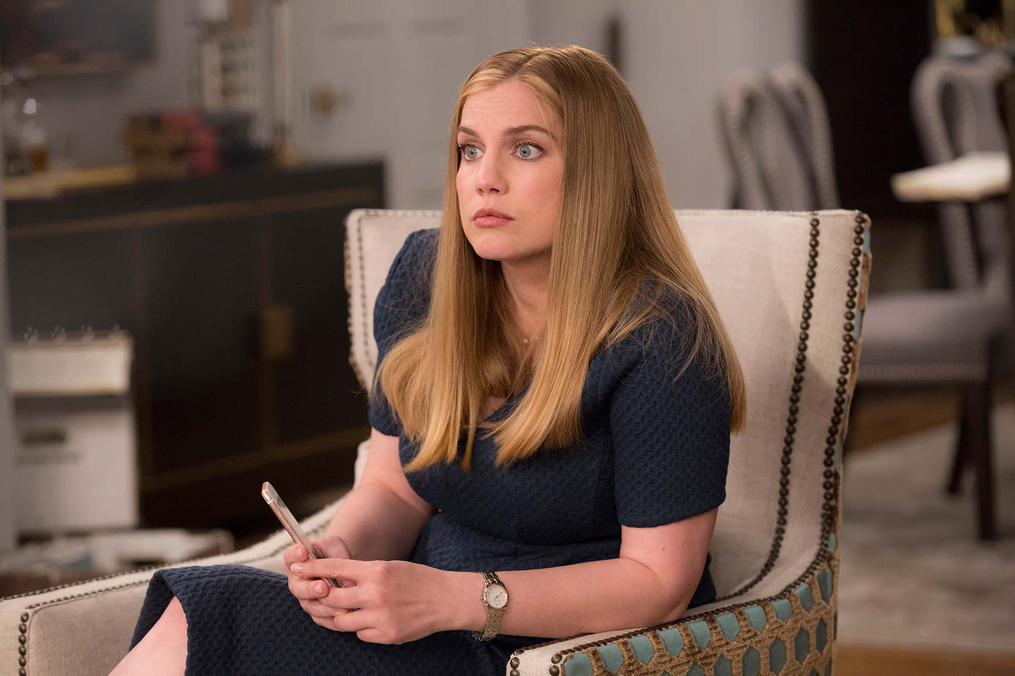 Anna Chlumsky, long blonde hair, ornate chair, Full HD Desktop Wallpaper