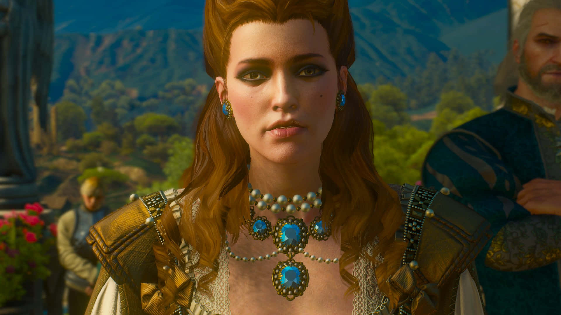 Anna Henrietta, red hair, ornate blue jewelry, Full HD Desktop Wallpaper