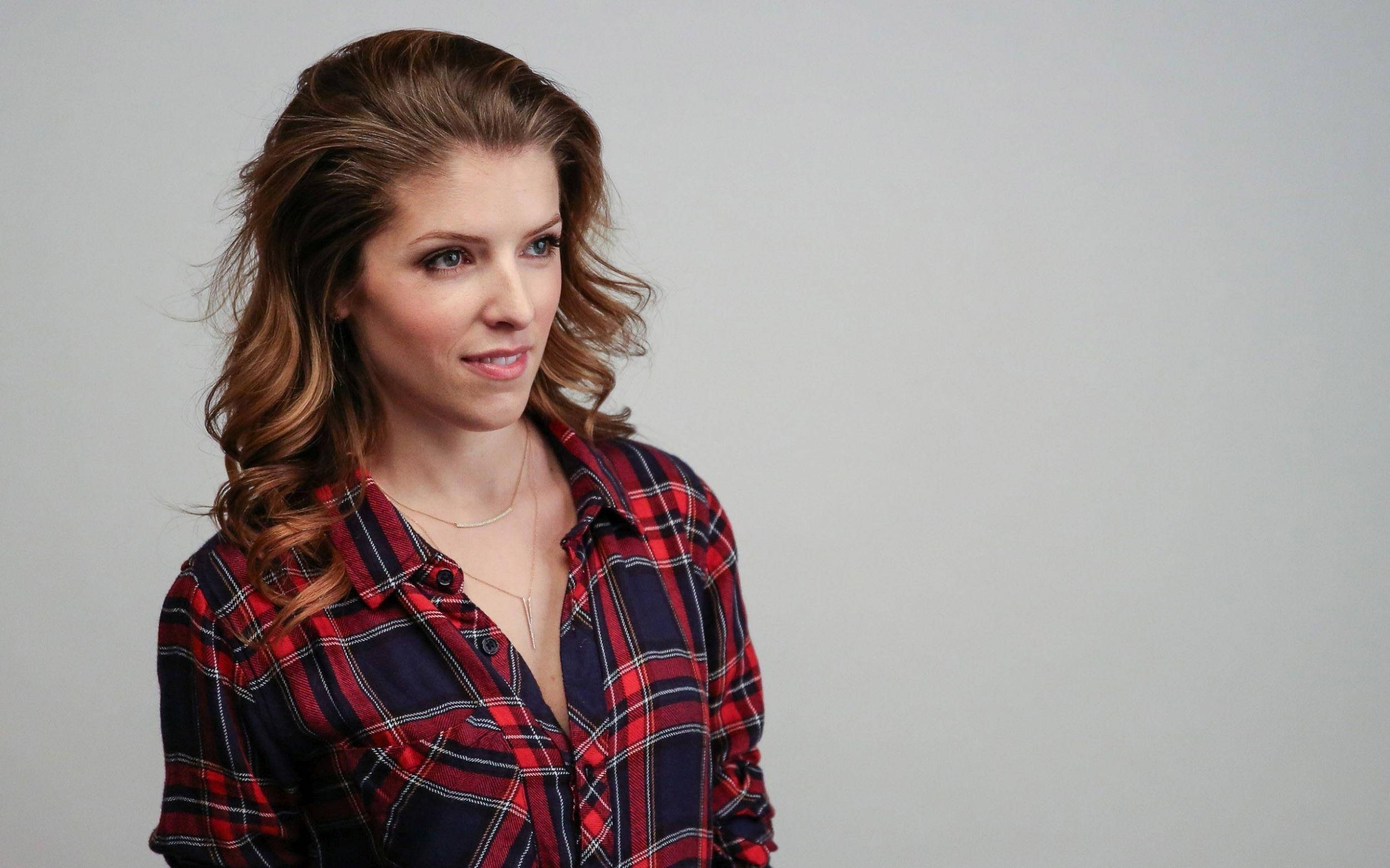 Anna Kendrick, wavy brown hair, red and navy plaid shirt, Full HD Desktop Wallpaper