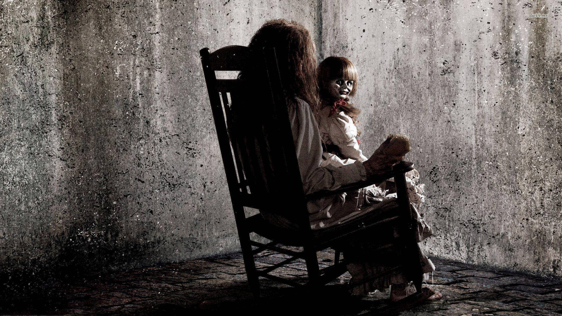 Annabelle, rocking chair, doll with a pale face and red lips, Full HD Desktop Wallpaper