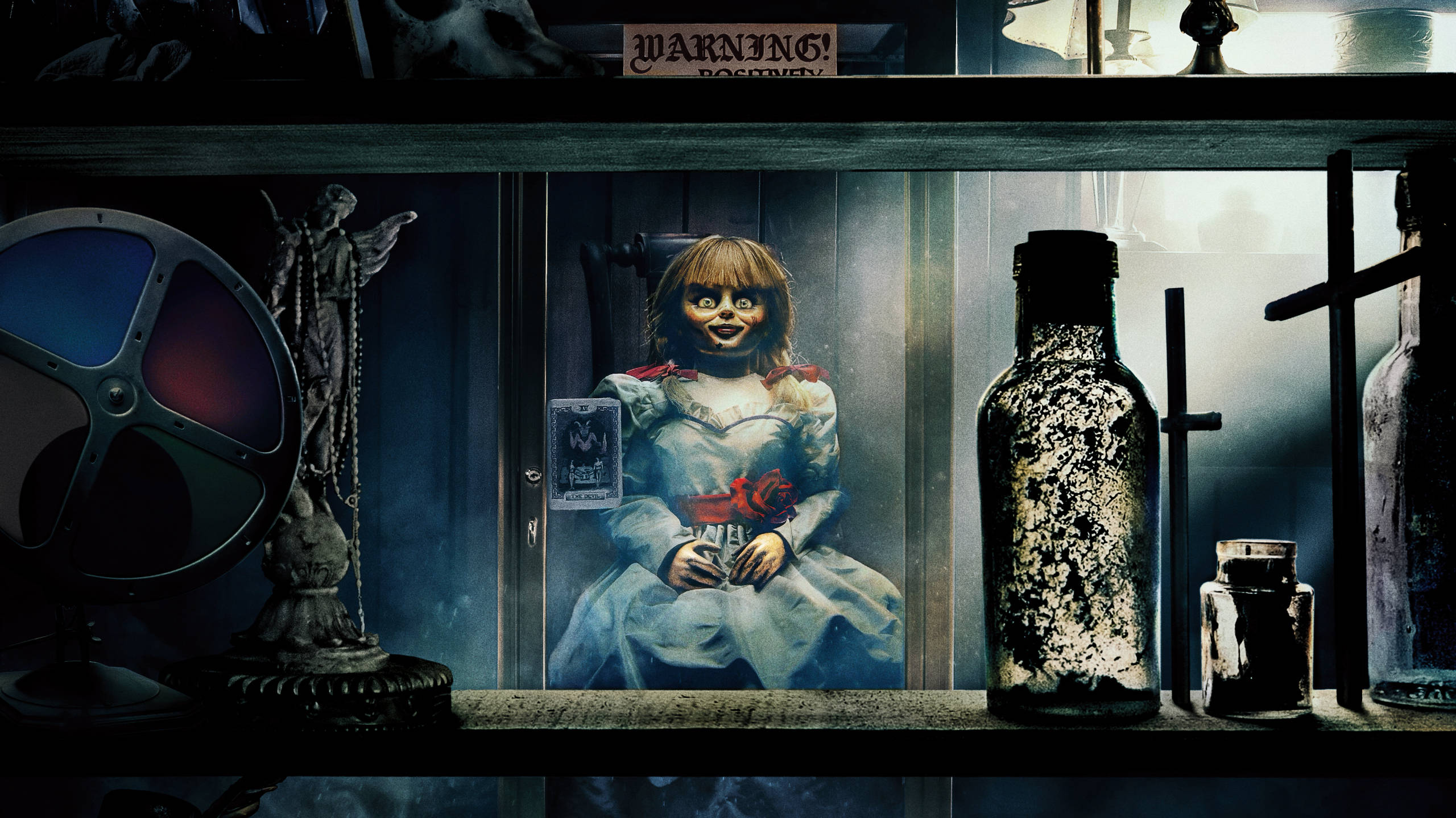 Annabelle, digital cartoon, chilling display case, 2K Desktop Wallpaper