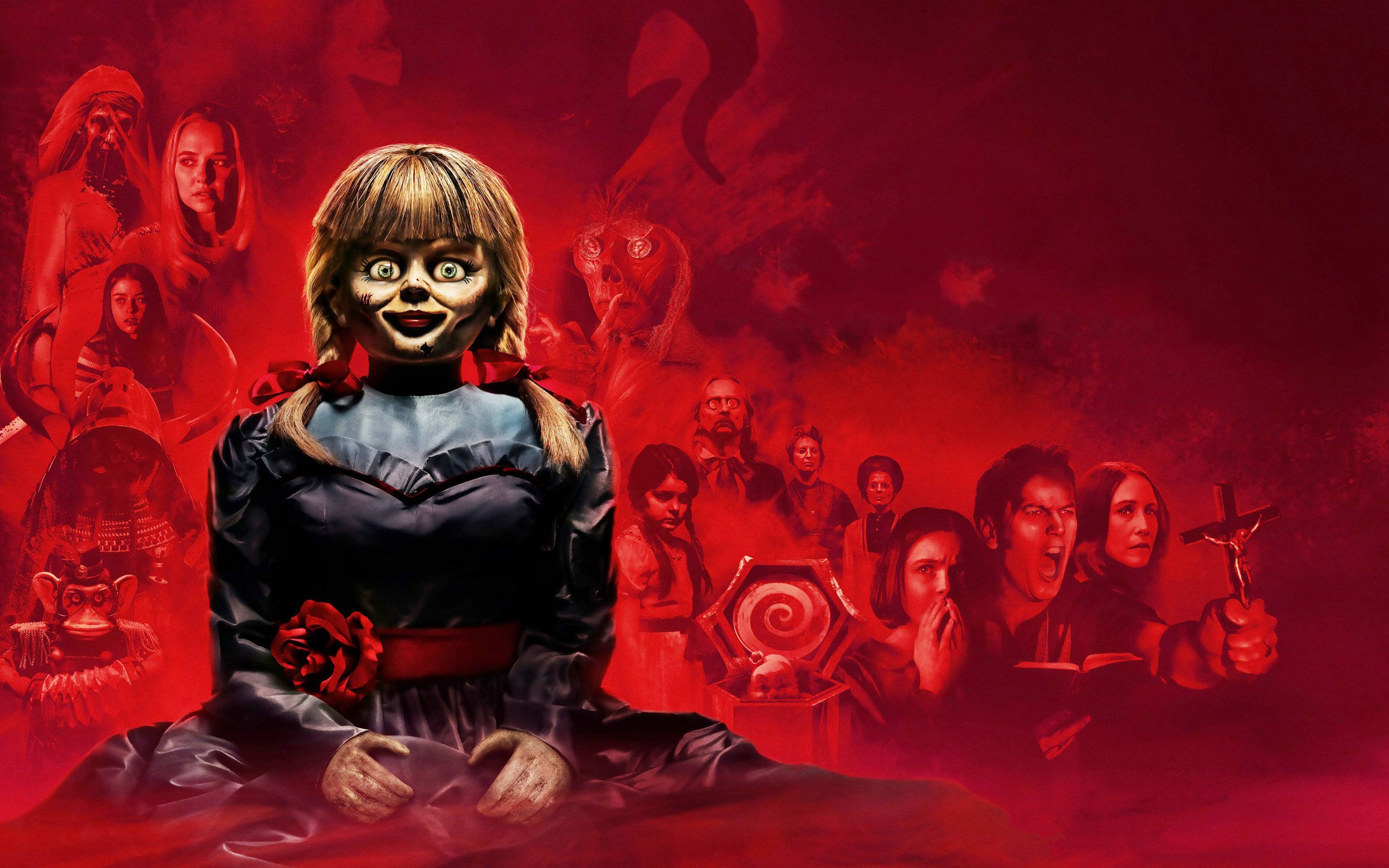 Annabelle, red bow, blood-red backdrop, 2K Desktop Wallpaper
