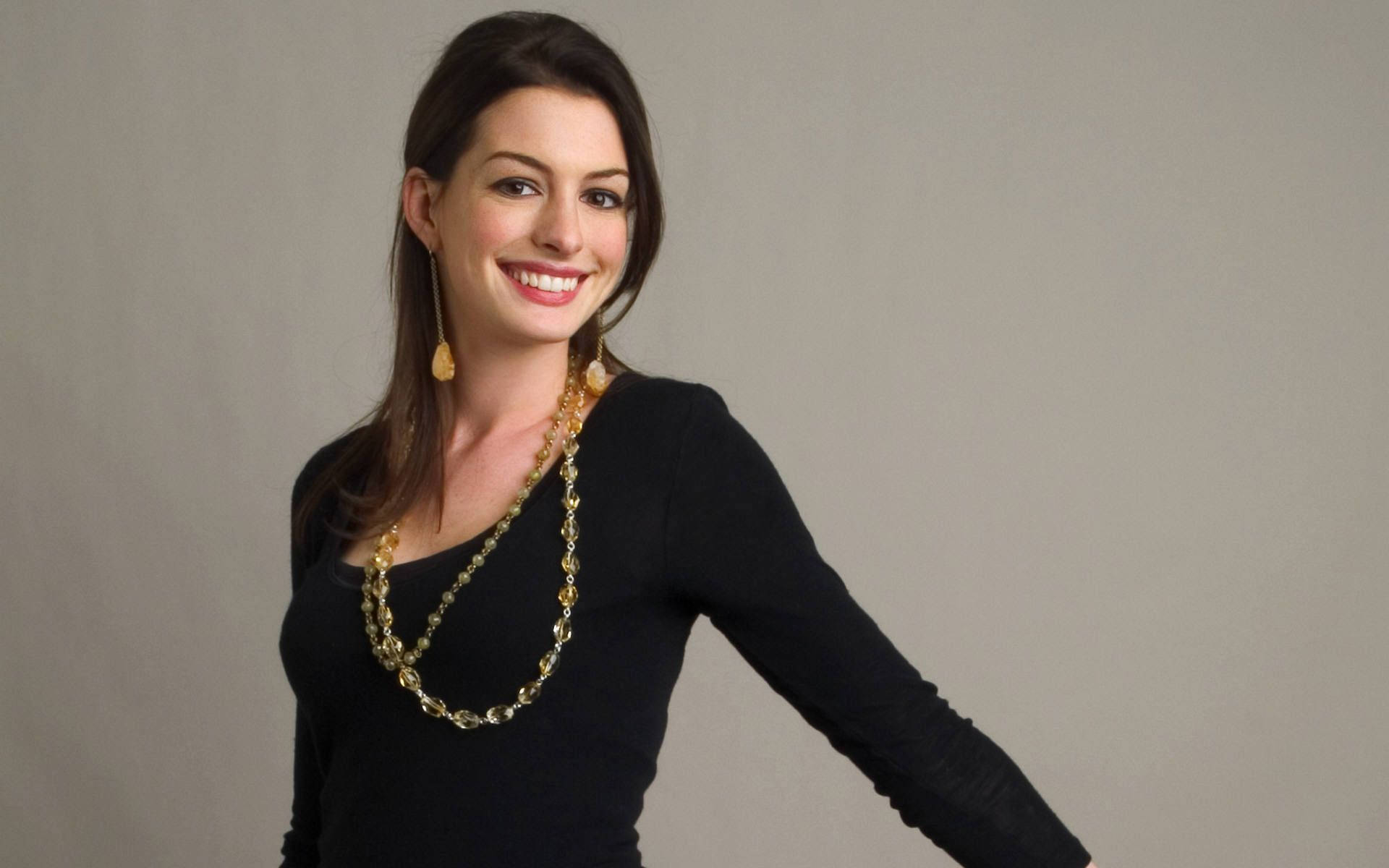 Anne Hathaway, dark hair, black top, Full HD Desktop Wallpaper