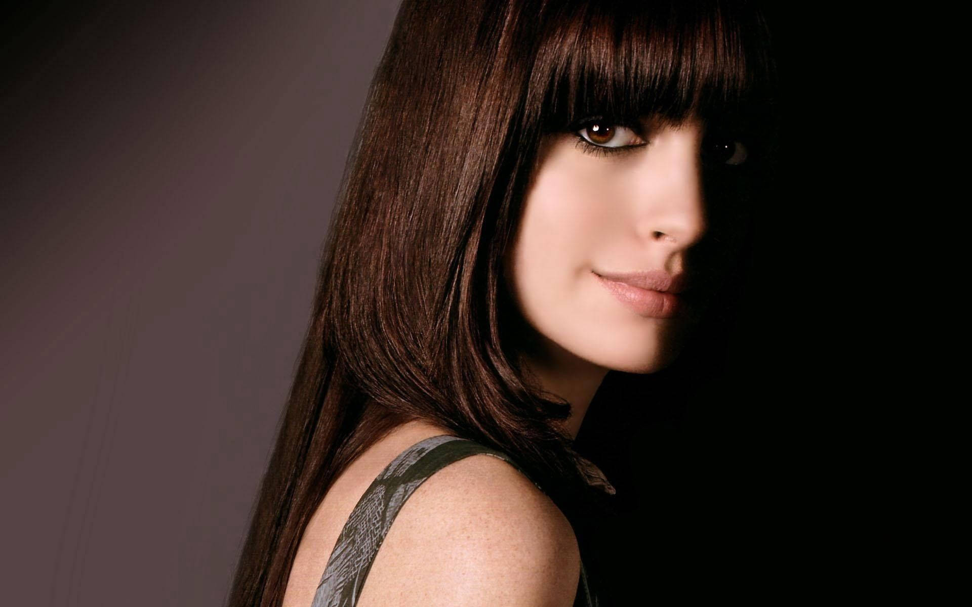 Anne Hathaway, long brown hair, bangs, Full HD Desktop Wallpaper