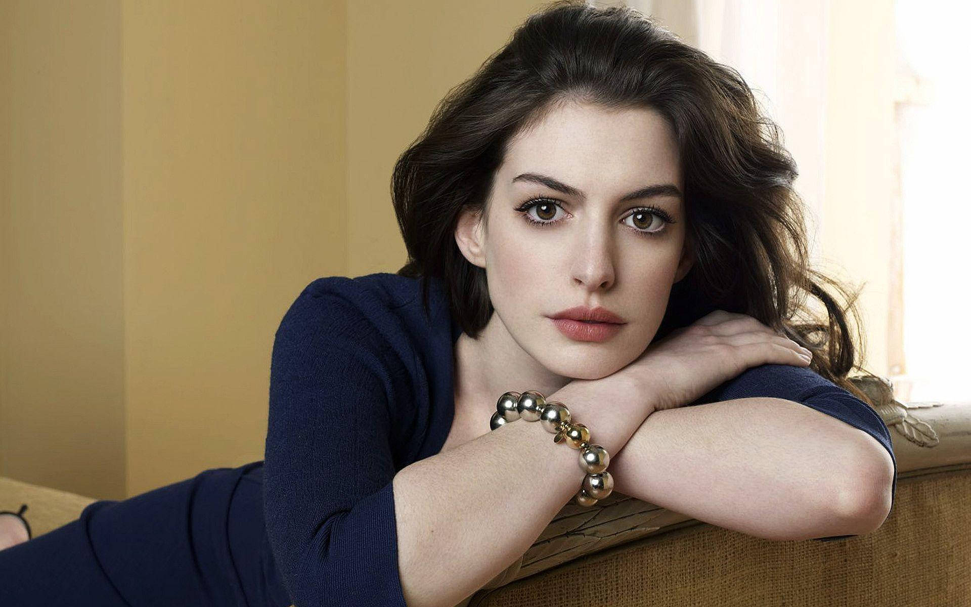 Anne Hathaway, navy blue, pearl bracelet, Full HD Desktop Wallpaper