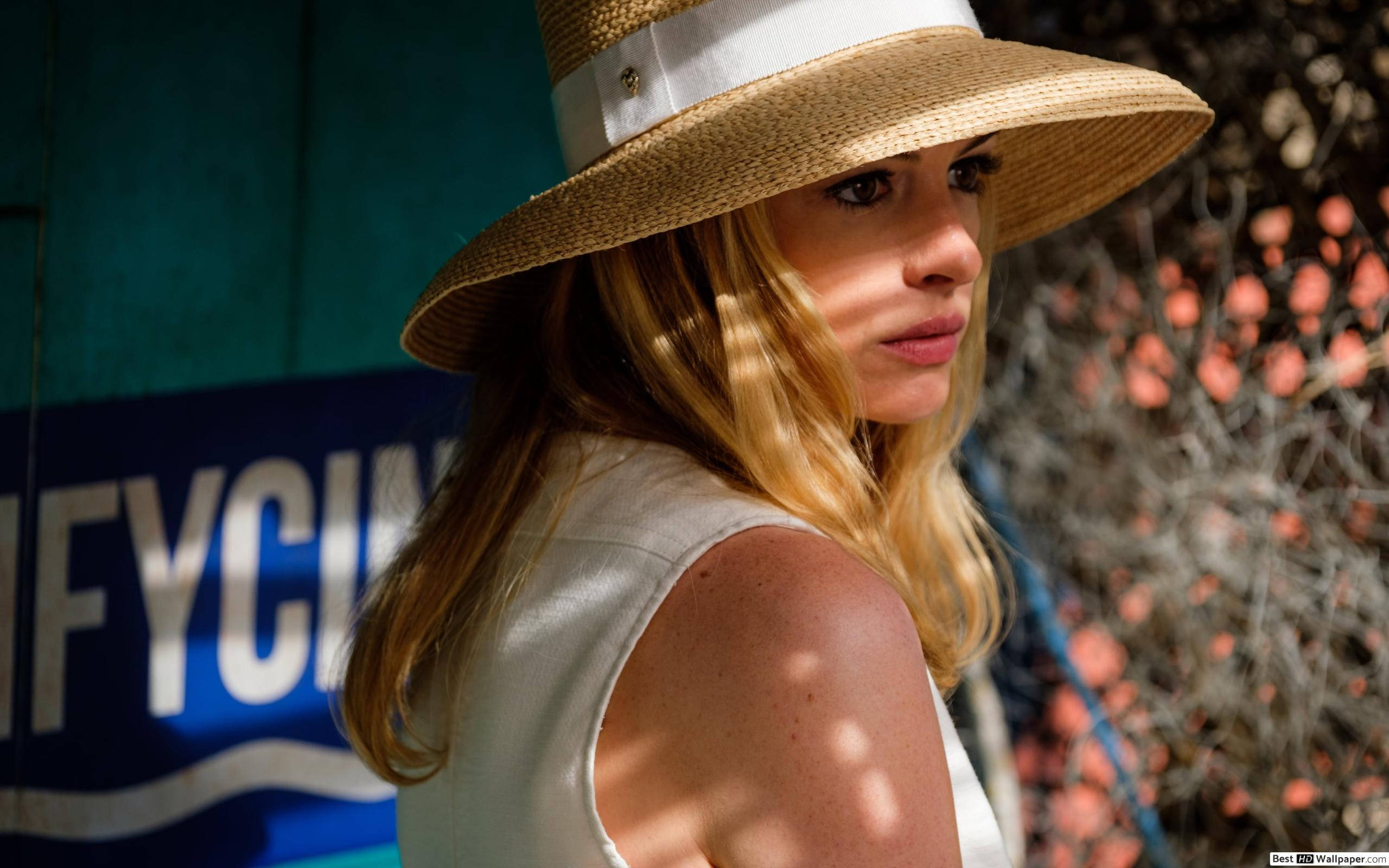 blonde anne hathaway, straw hat, dappled sunlight, 2K Desktop Wallpaper