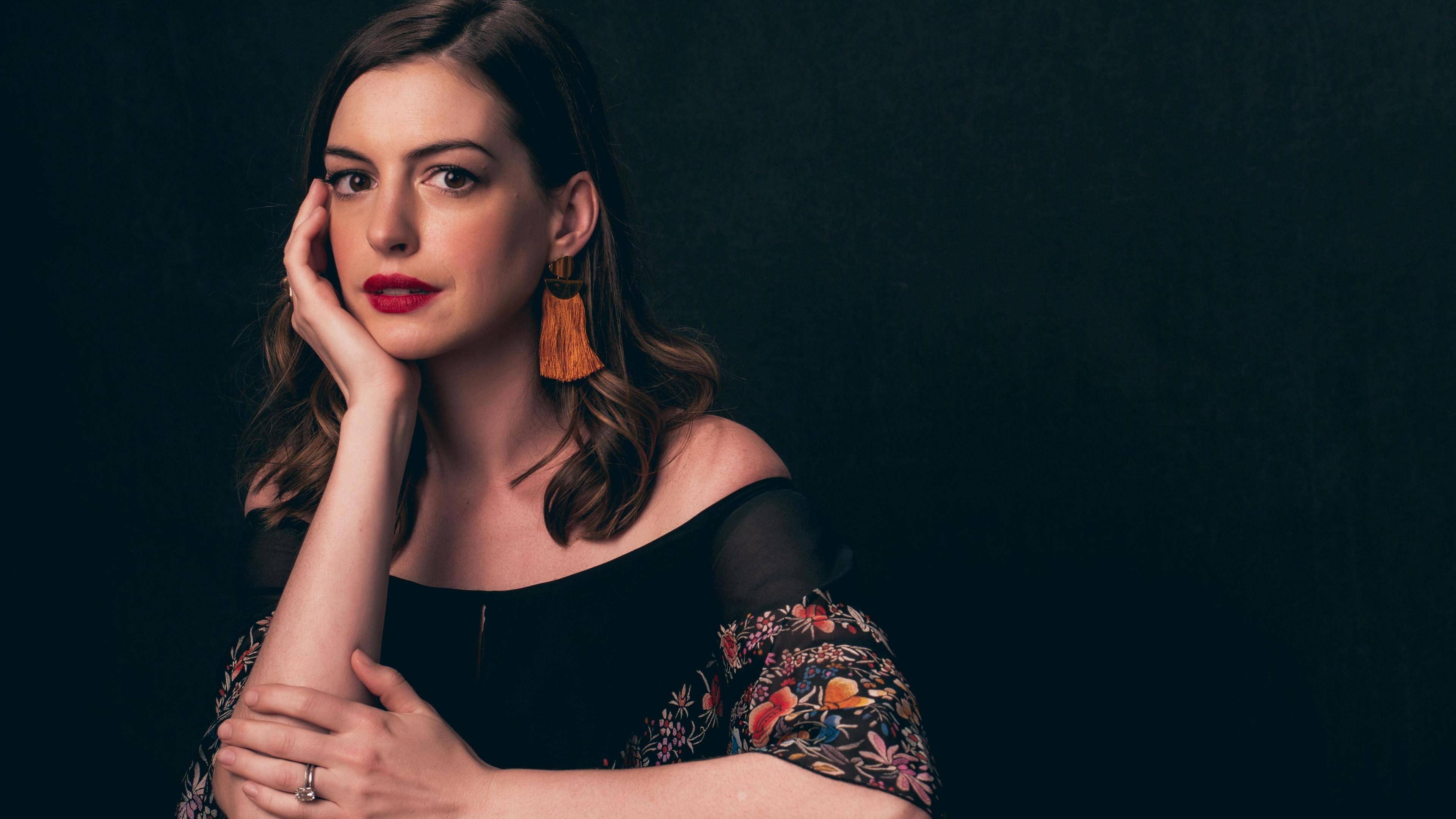 Anne Hathaway, black floral dress, red lips, 4K Desktop Wallpaper
