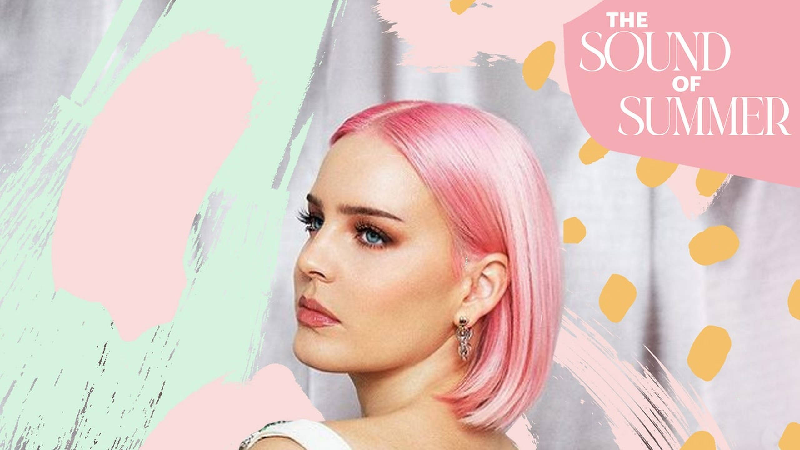 Anne Marie, vibrant pink bob hair, pastel abstract background, 2K Desktop Wallpaper