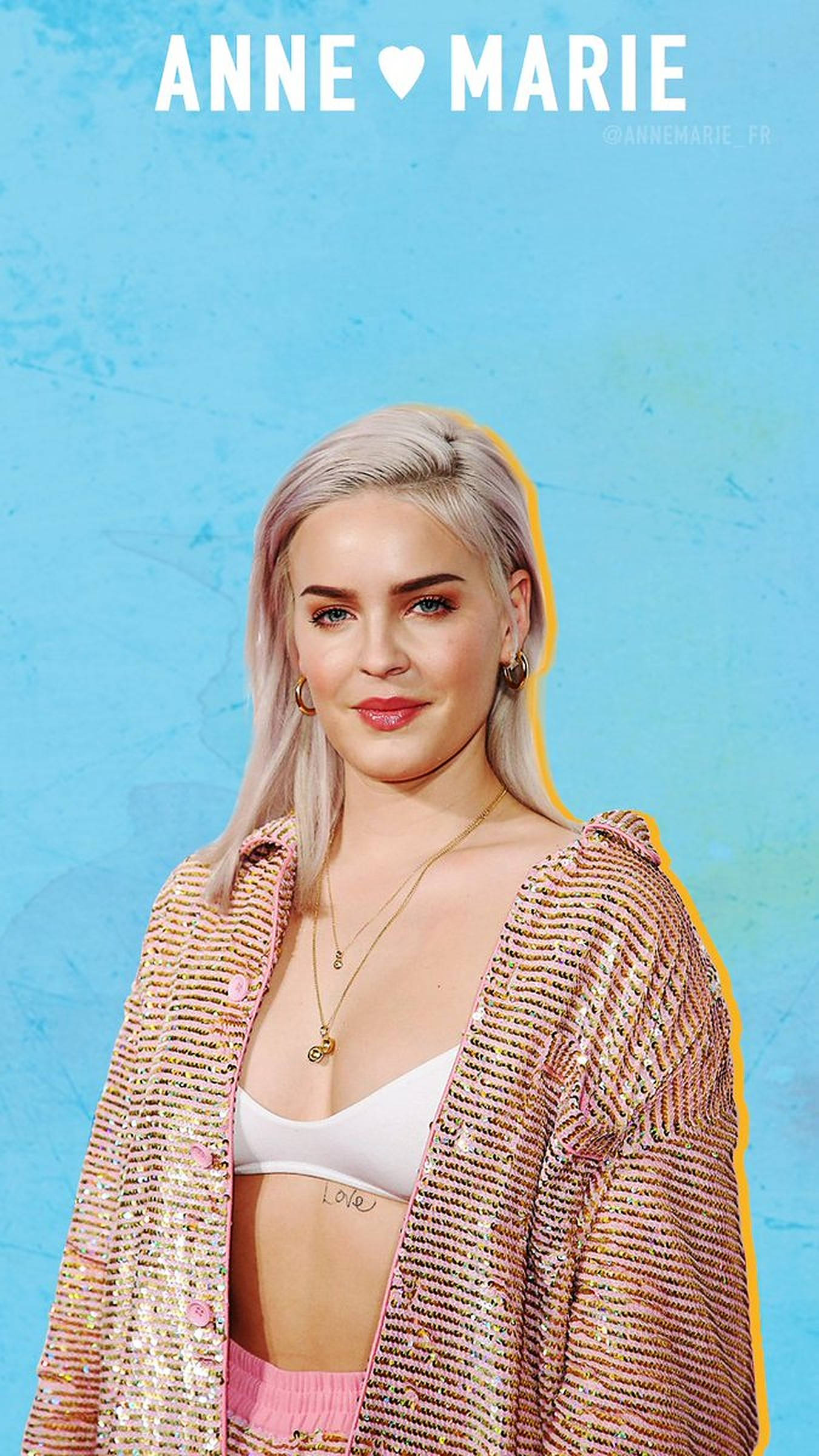 Anne Marie, sequined jacket, textured blue background, Full HD Phone Wallpaper
