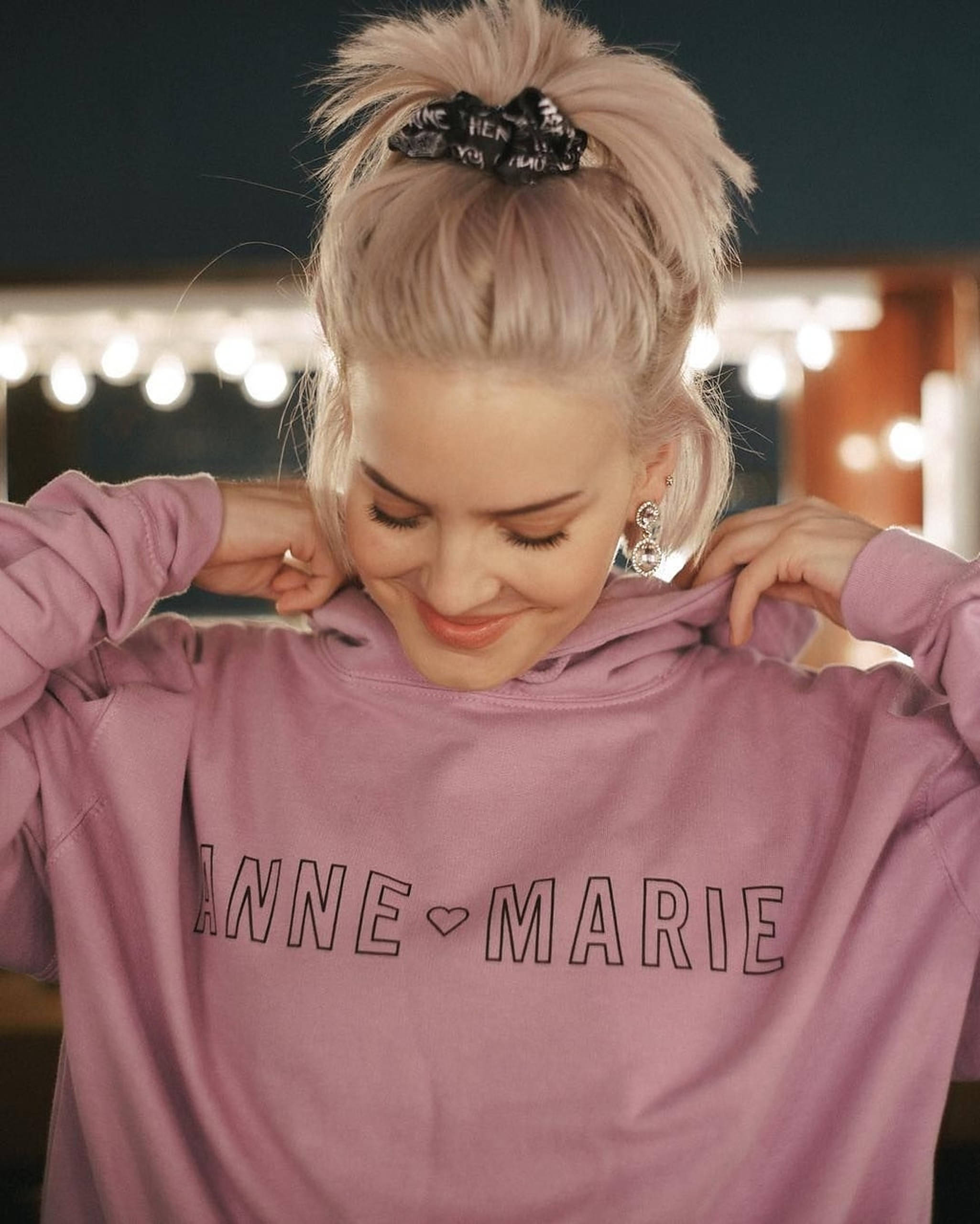 Anne Marie, pink hoodie, pink hair, 2K Phone Wallpaper