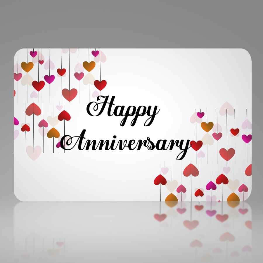 Anniversary, colorful hanging hearts, white card, SD Desktop Wallpaper