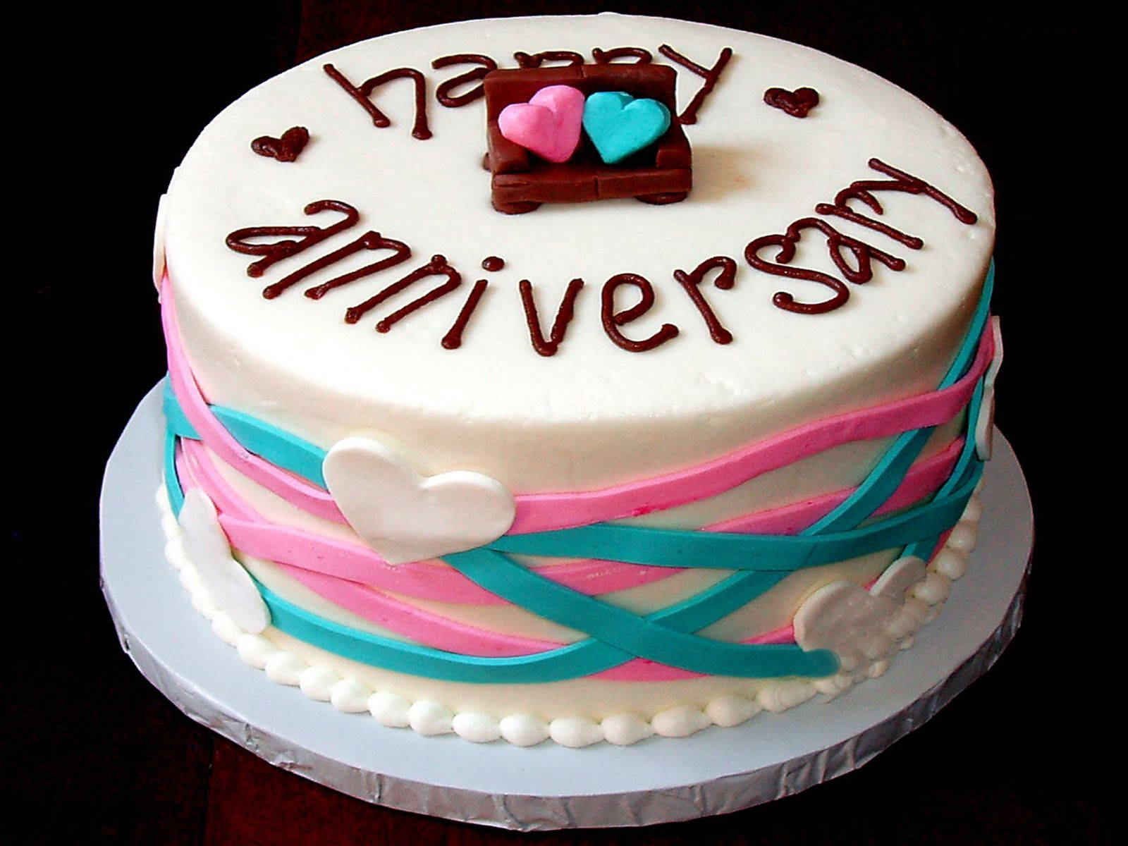 Happy Anniversary Cake, round white cake, pink and teal ribbon swirls, HD Desktop Wallpaper