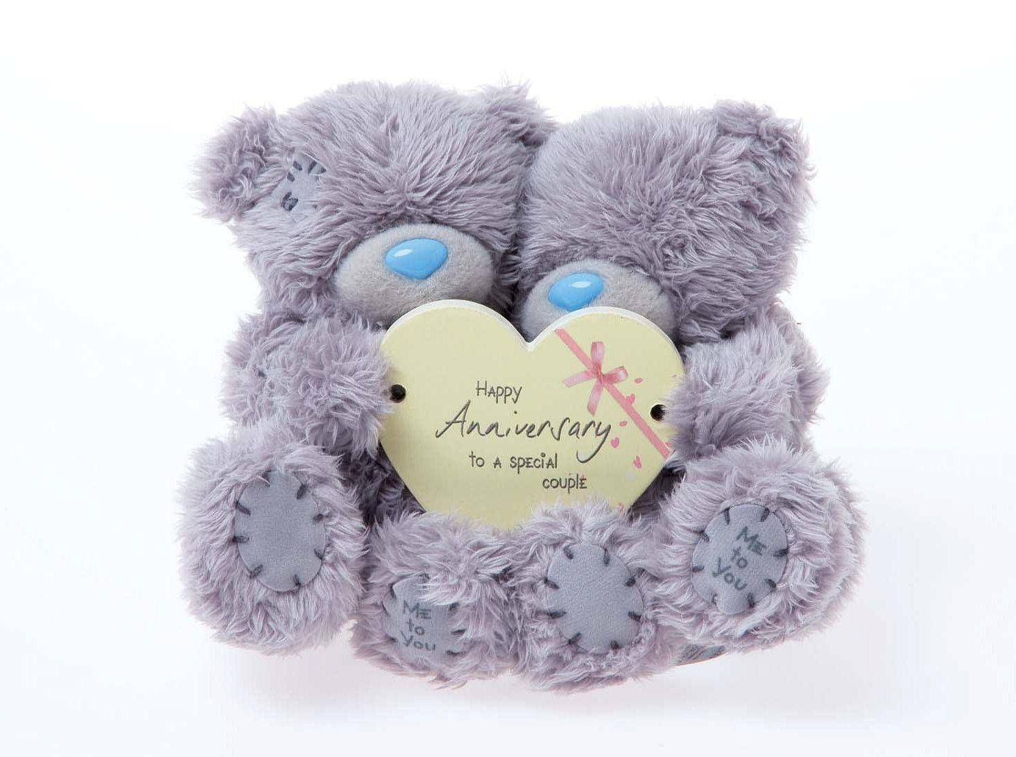 Happy Anniversary Teddy Bears, fluffy grey teddy bears, heart card, HD Desktop Wallpaper