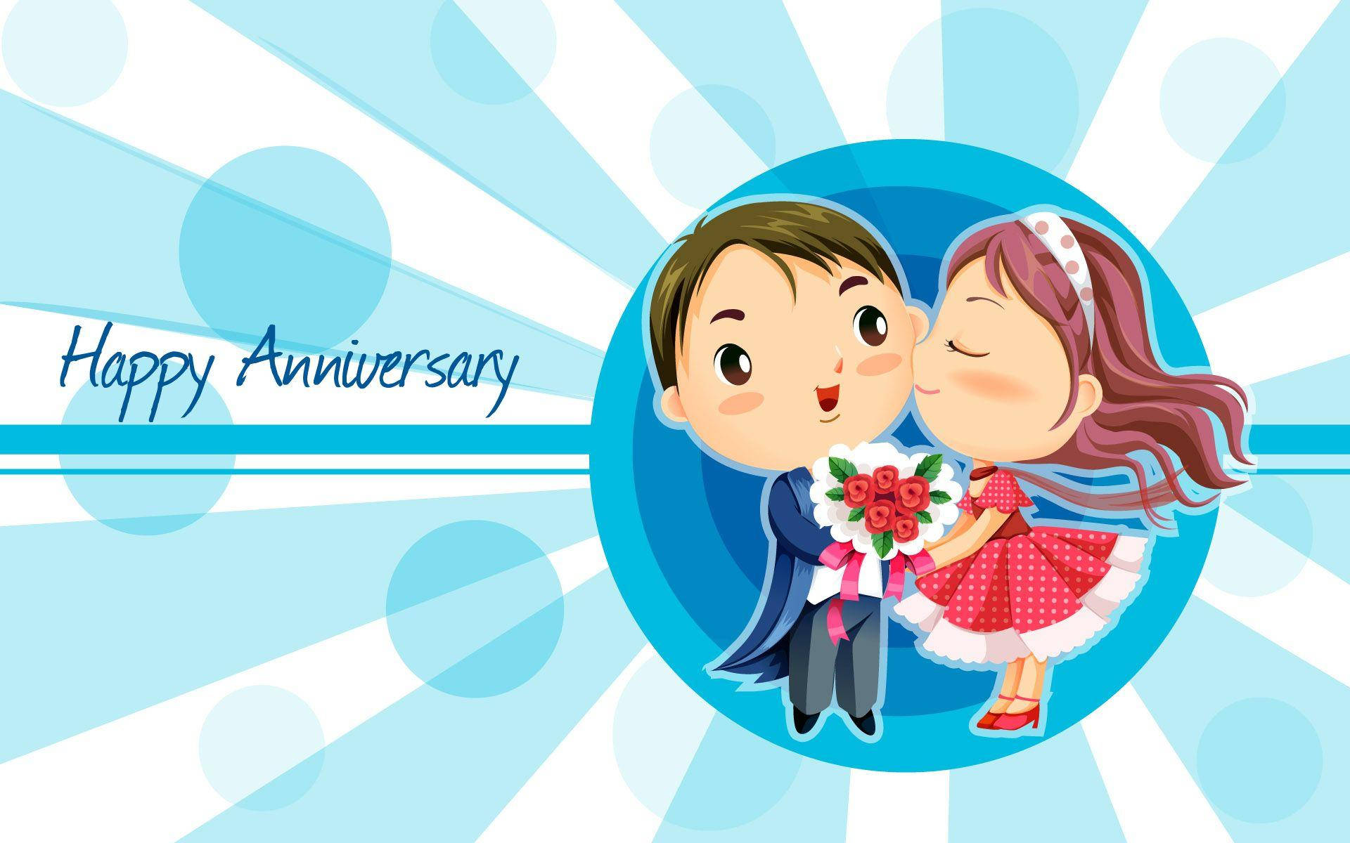 Happy Anniversary, cartoon couple, red roses, Full HD Desktop Wallpaper