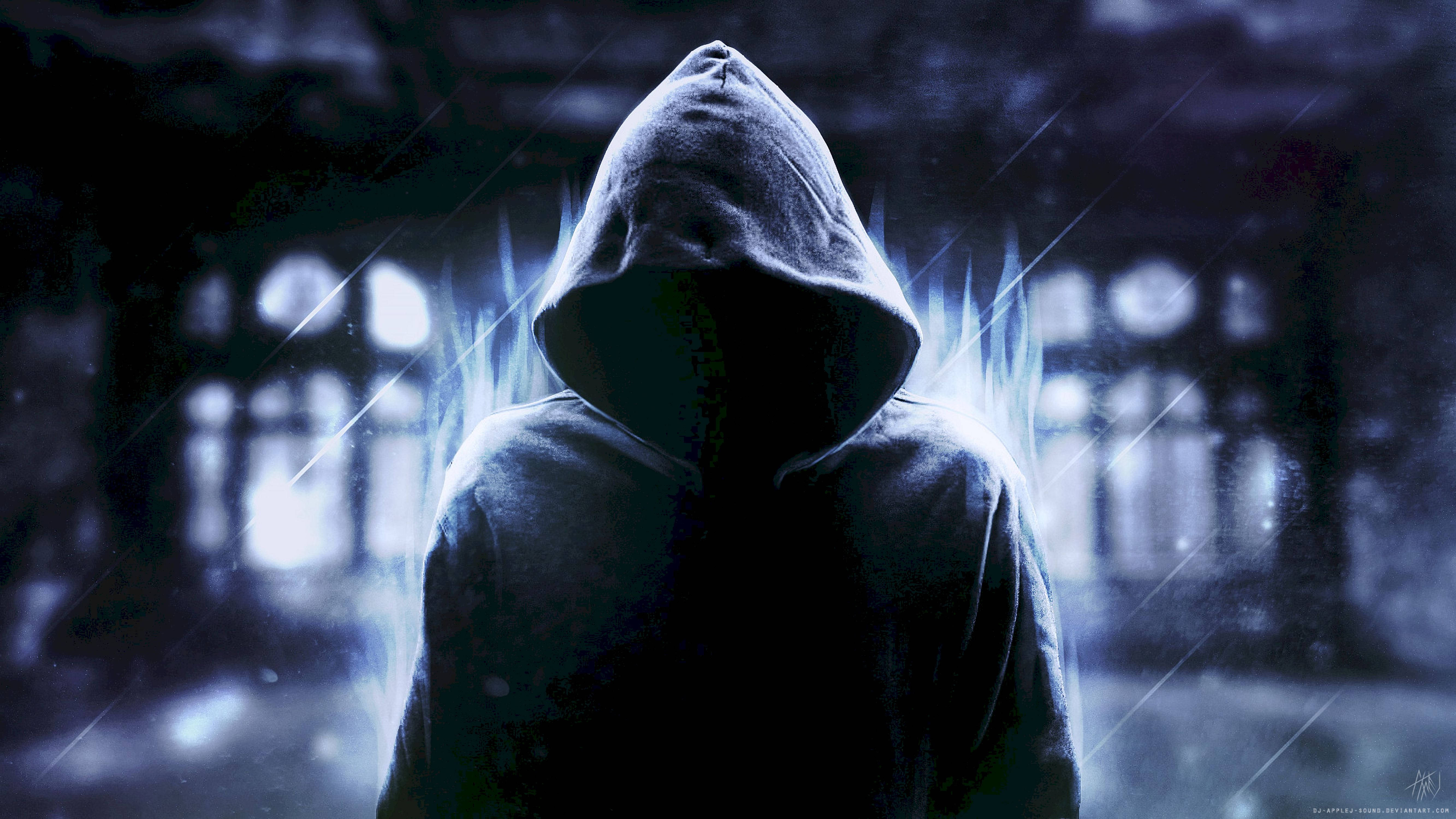 flaming blue, hooded figure, dark rainy urban alley, 5K Desktop Wallpaper
