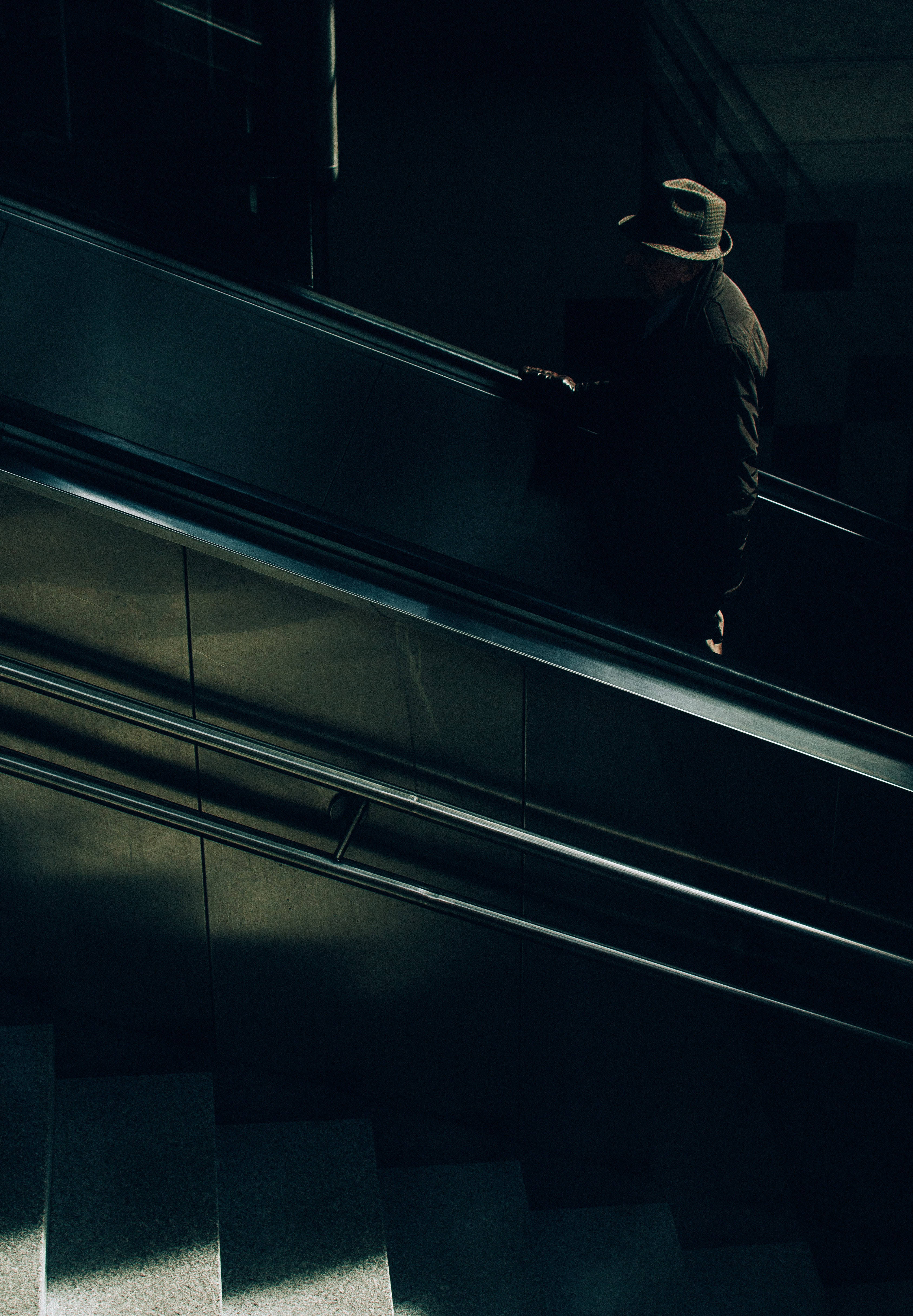 Anonymous Man, fedora, escalator, 4K Phone Wallpaper