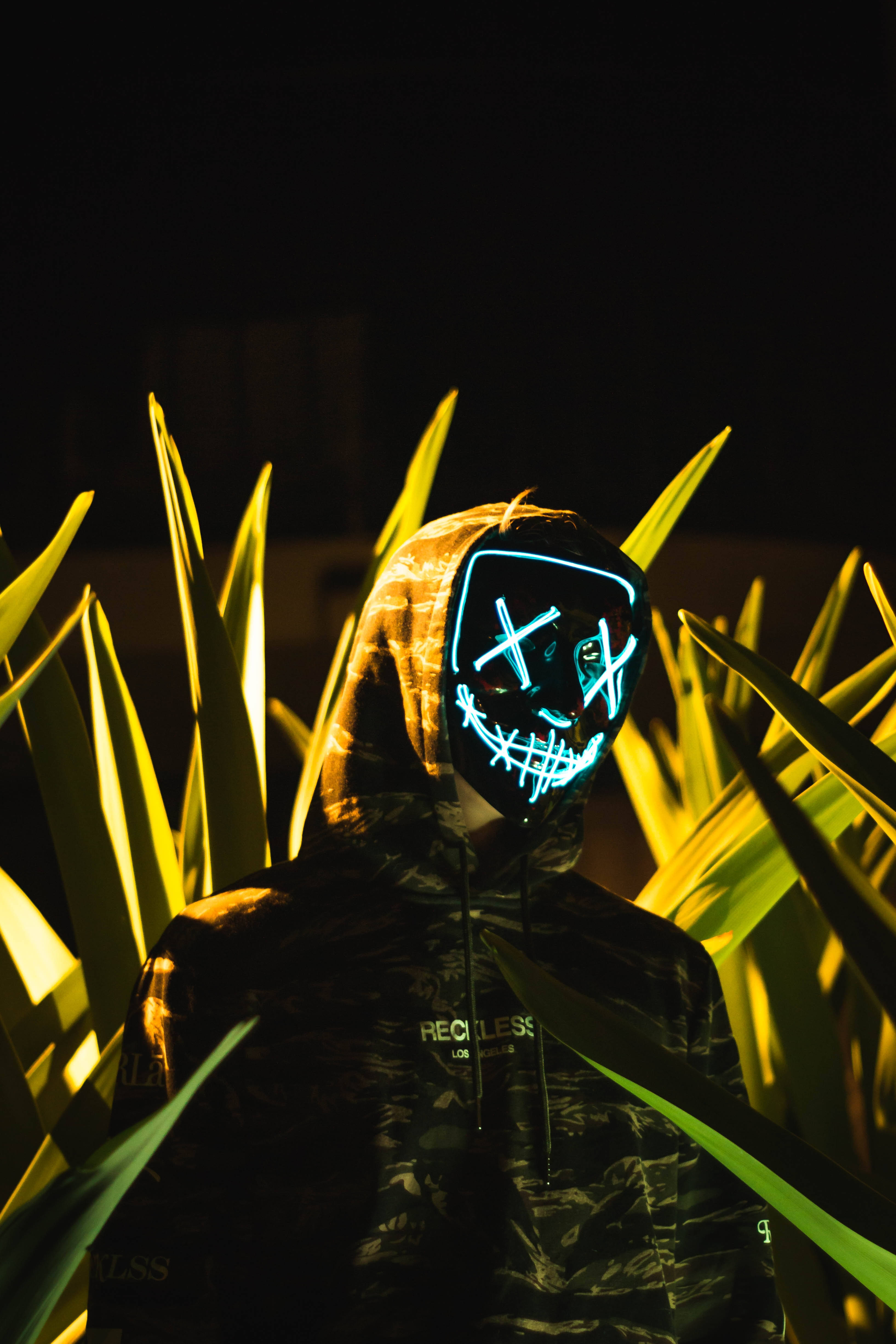 glowing blue LED mask, tall yellow-green plants, dark night skies, 4K Phone Wallpaper