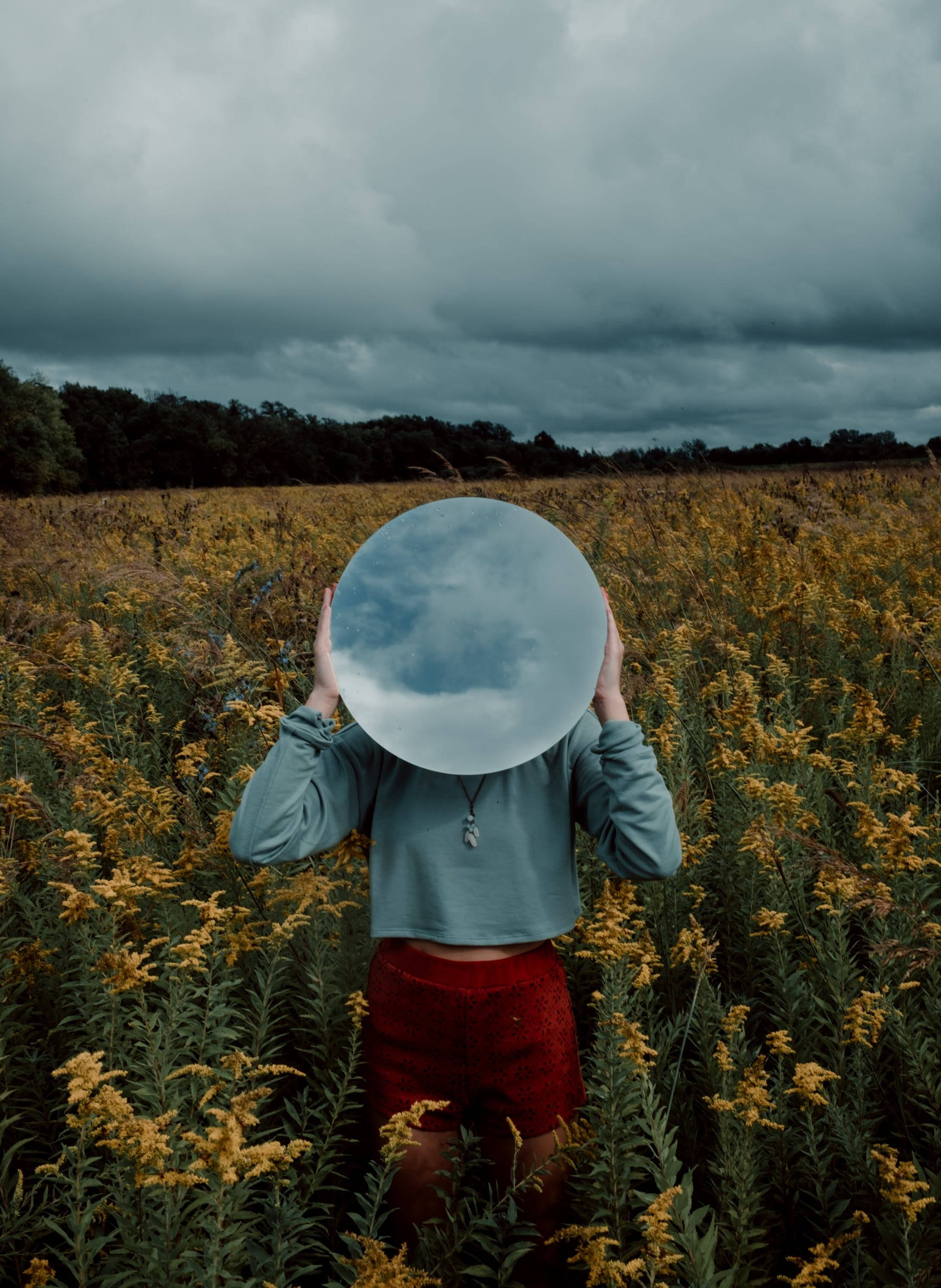 Anonymous Girl, goldenrod field, mirror, 2K Phone Wallpaper