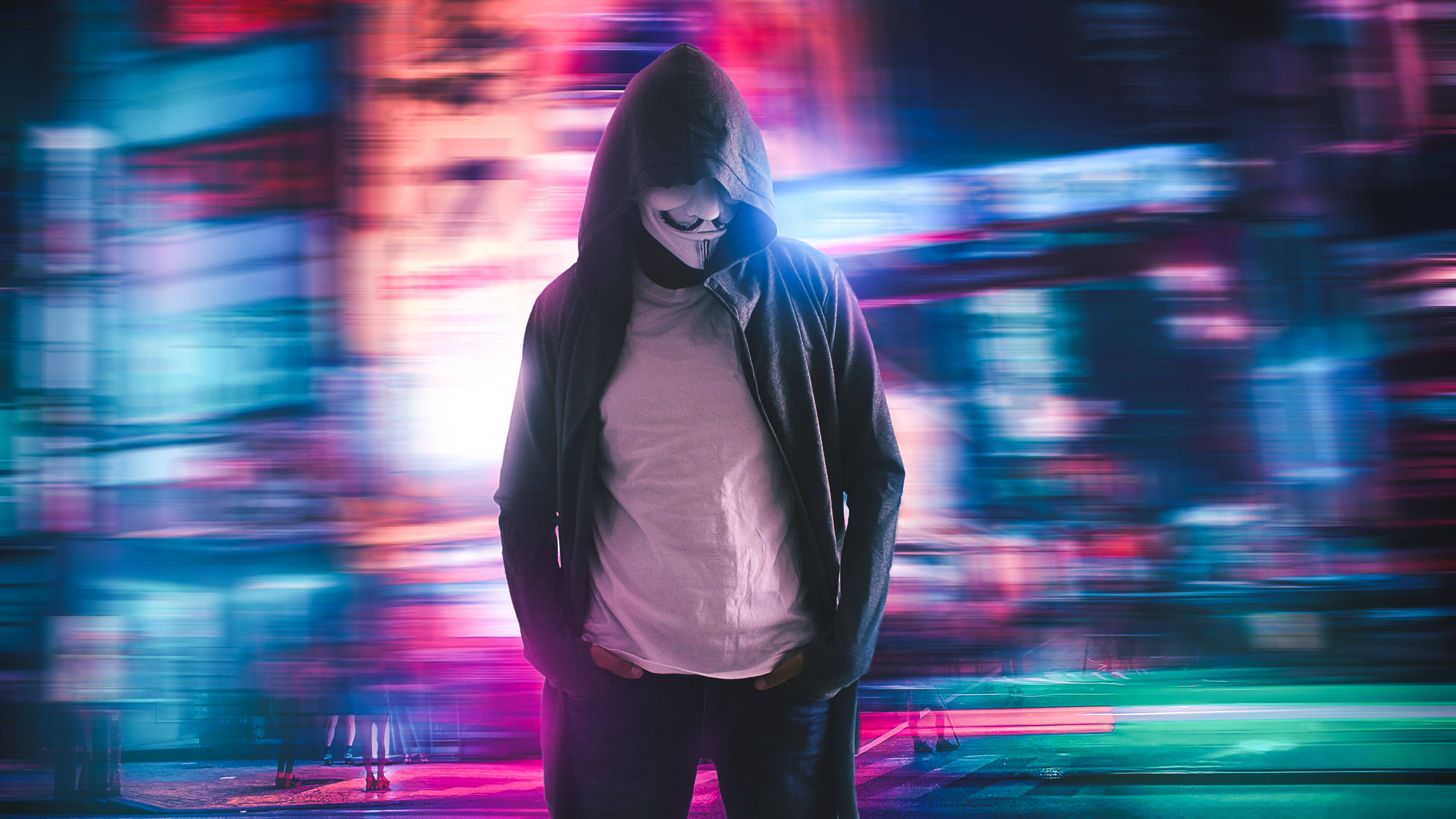 Anonymous, hooded figure, white mask, 4K Desktop Wallpaper