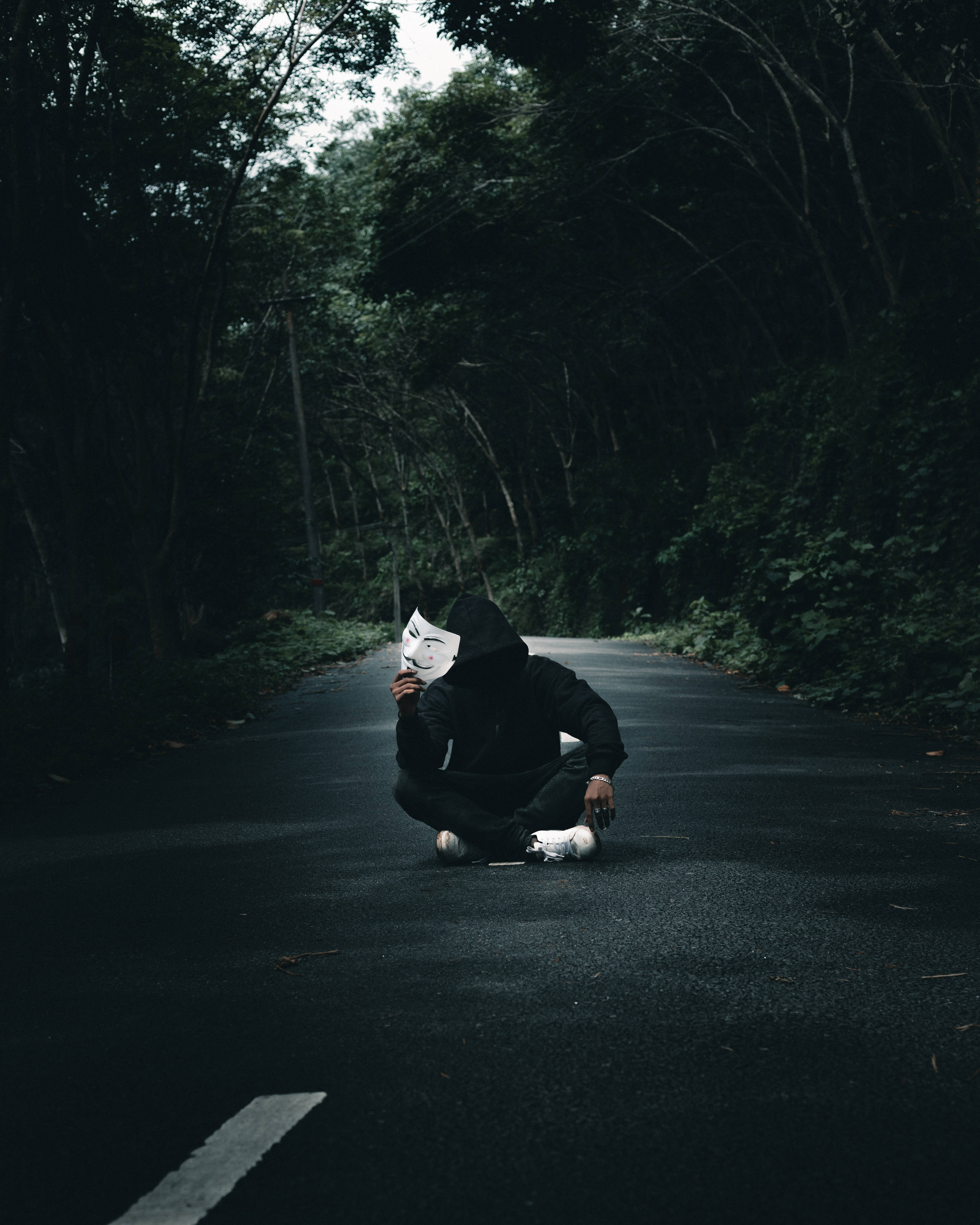 Forest Road Anonymous, black hoodie, dark forest road, 5K Phone Wallpaper
