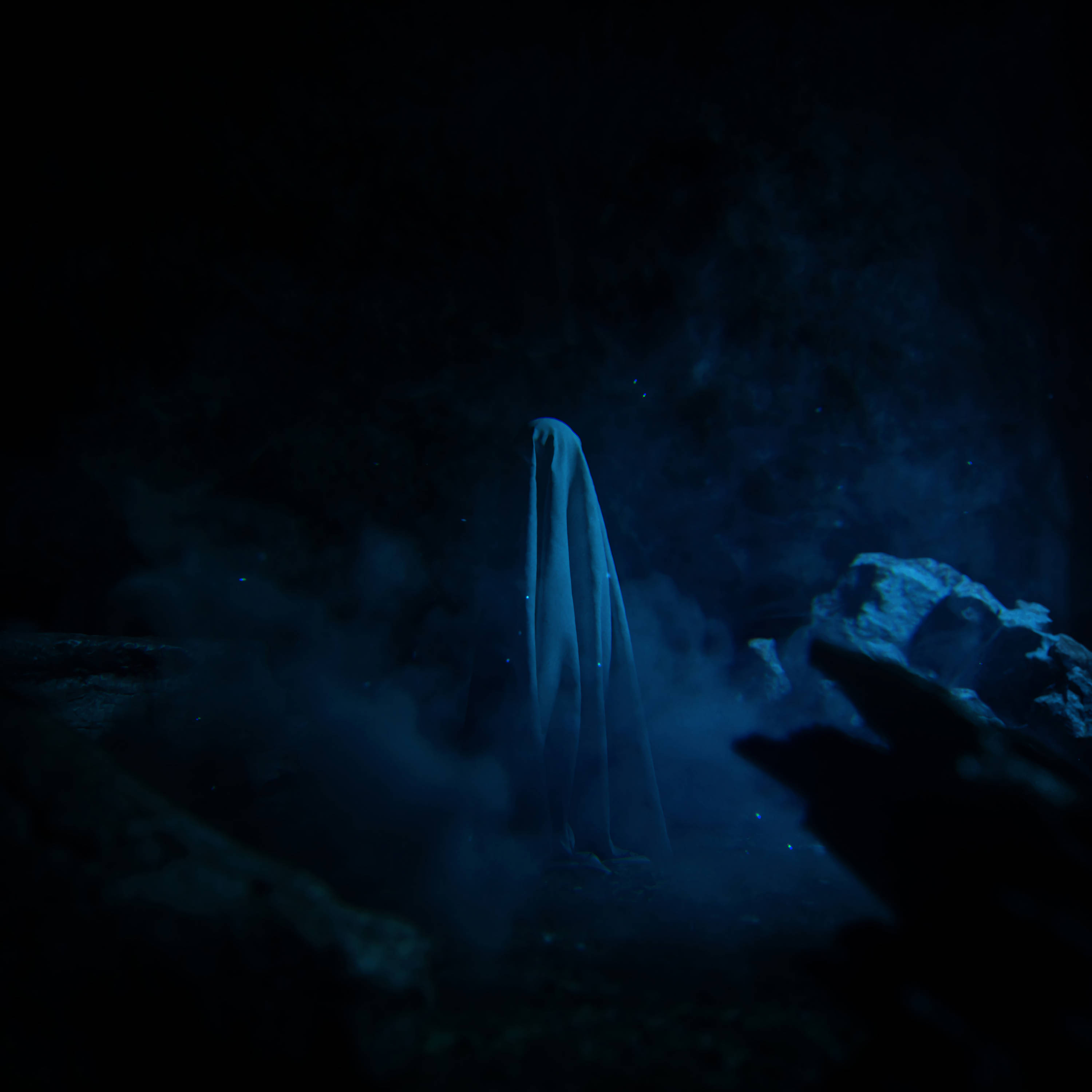 white linen anonymous, pale blue veil, swirling mist, 2K Desktop Wallpaper