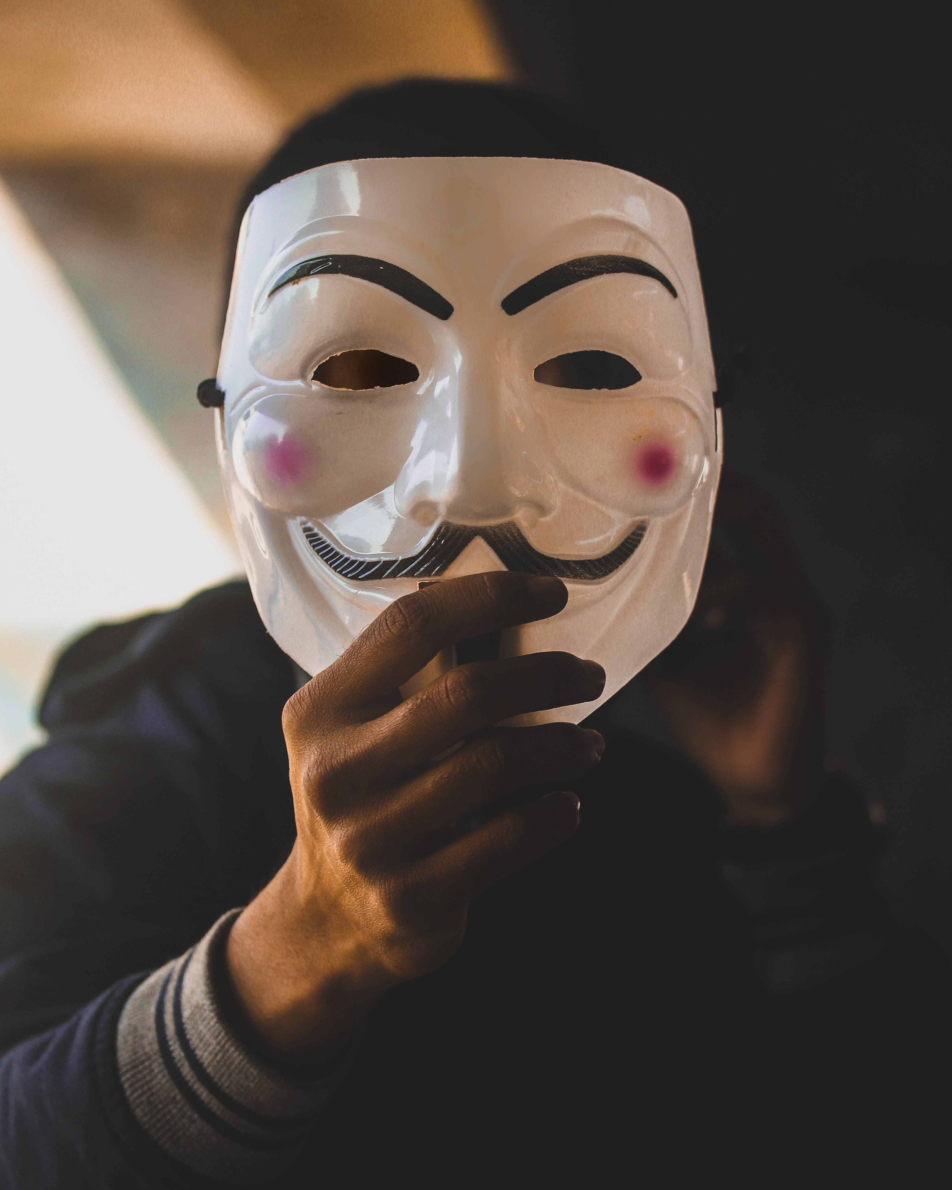 white Guy Fawkes mask, pink cheeks, black mustache, 4K Phone Wallpaper