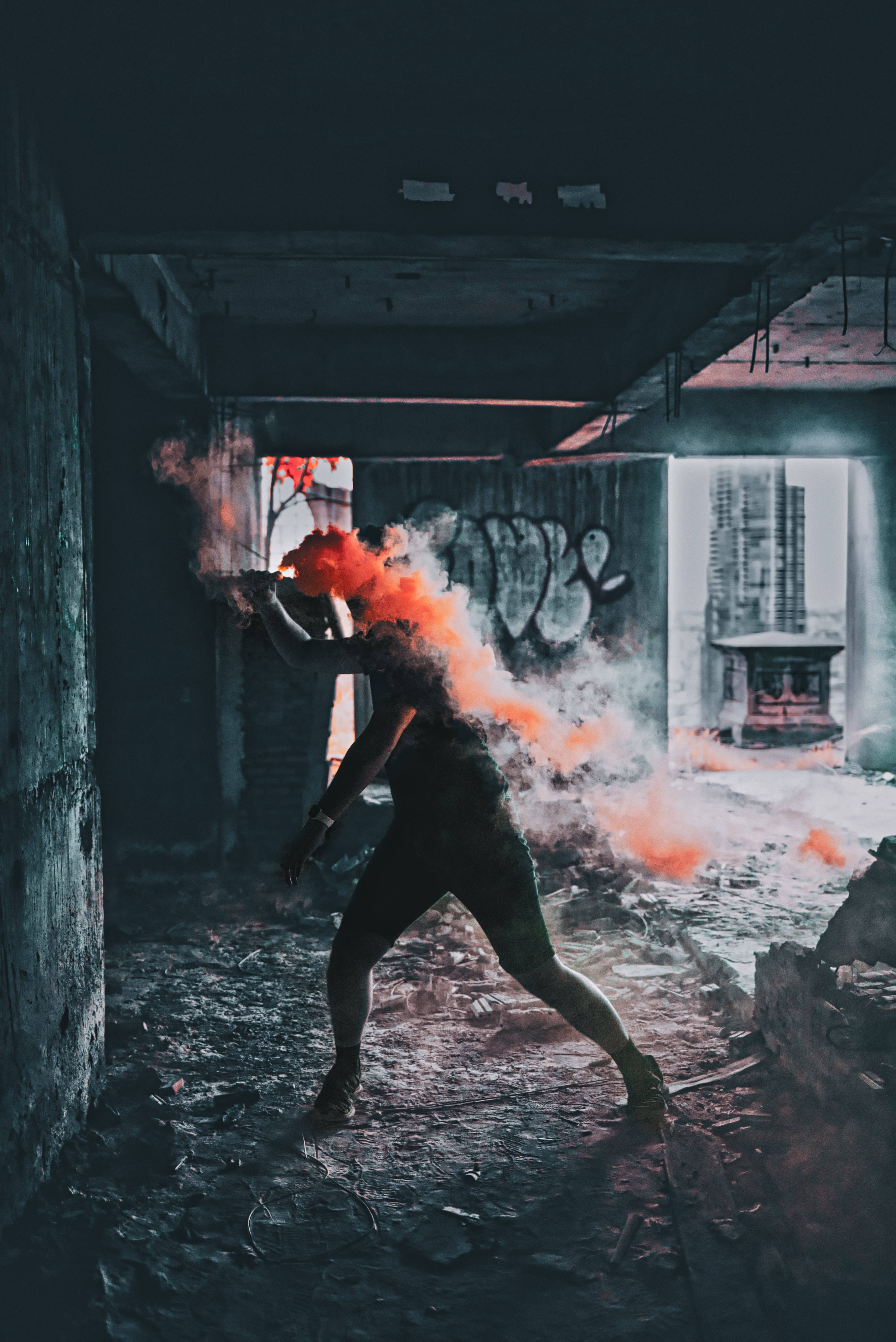 Anonymous person, smoke bomb, vibrant orange smoke, 5K Phone Wallpaper