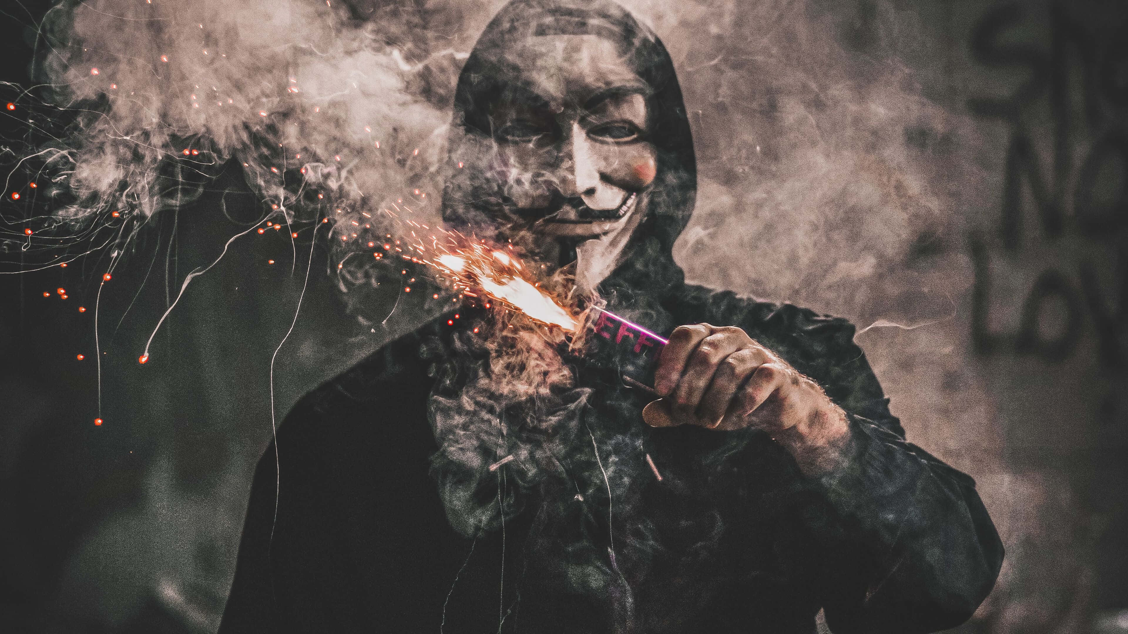 4K mask, smoke grenade, hoodie, 4K Desktop Wallpaper