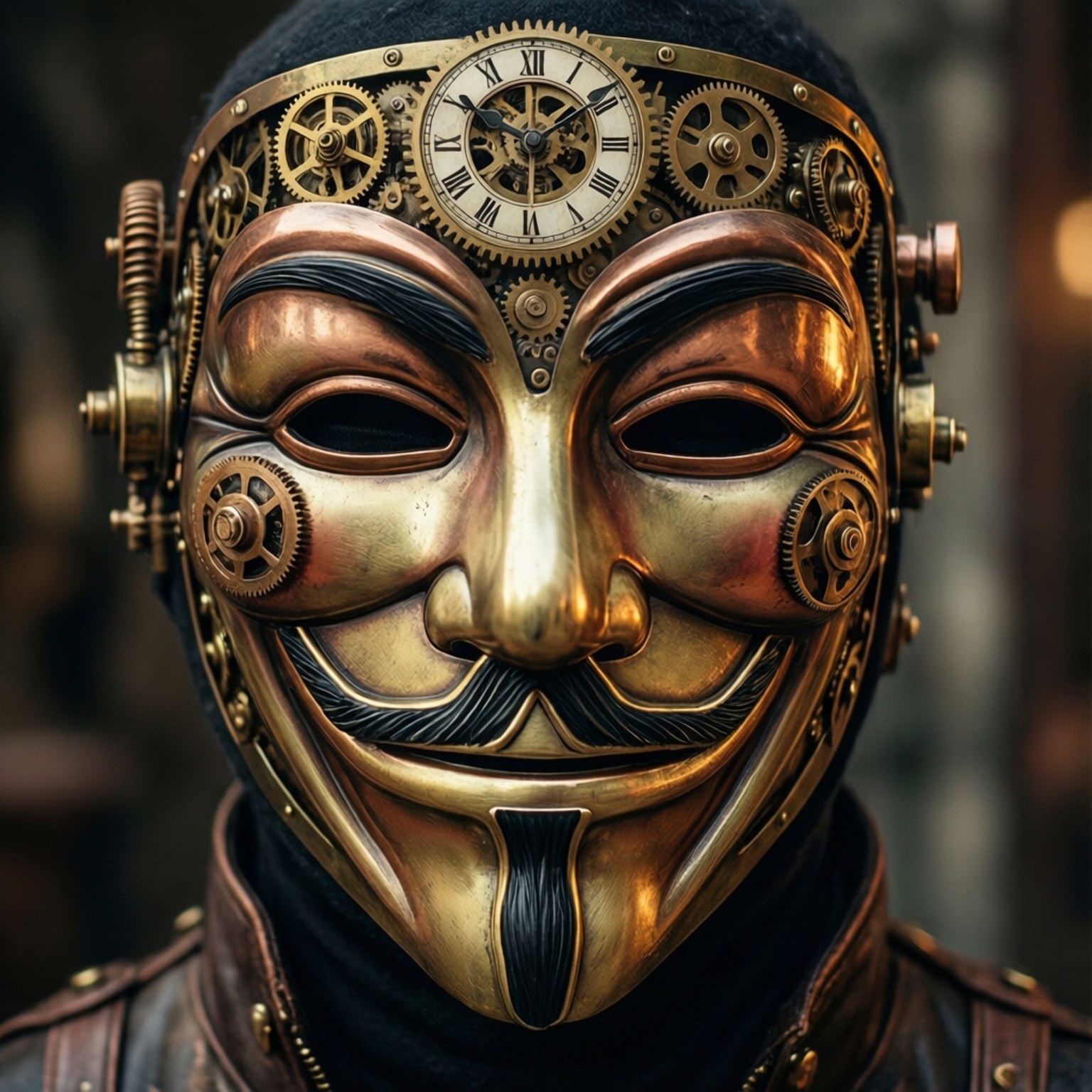 golden steampunk mask, clockwork gears, Roman numeral clock, HD Desktop Wallpaper