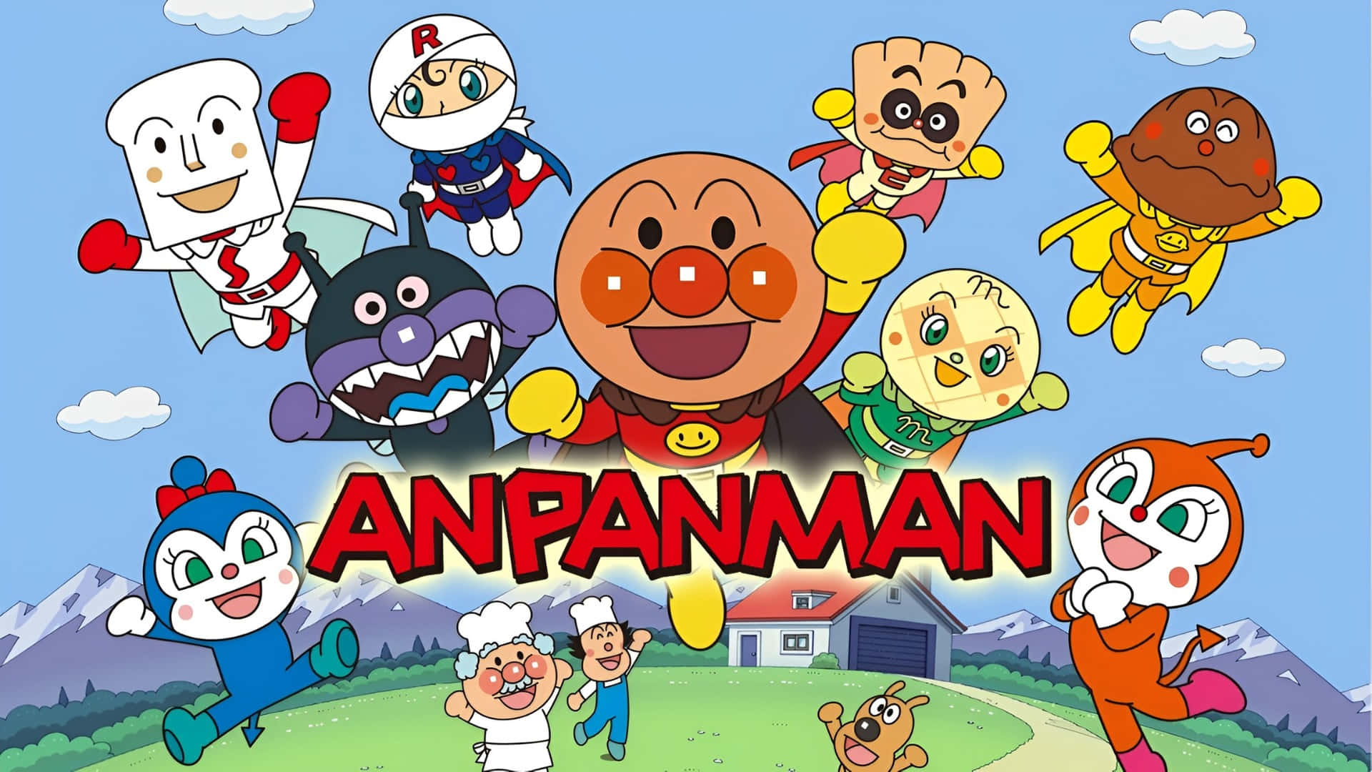Anpanman, colorful superhero friends, bright blue sky, Full HD Desktop Wallpaper