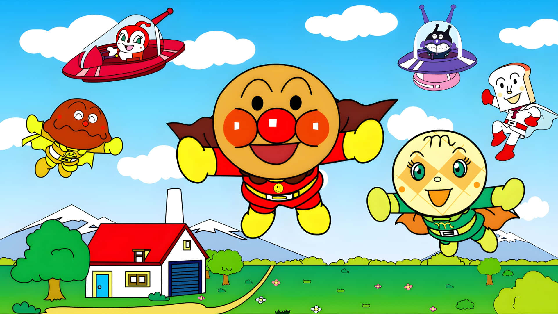 Anpanman, friends, bright blue sky, Full HD Desktop Wallpaper